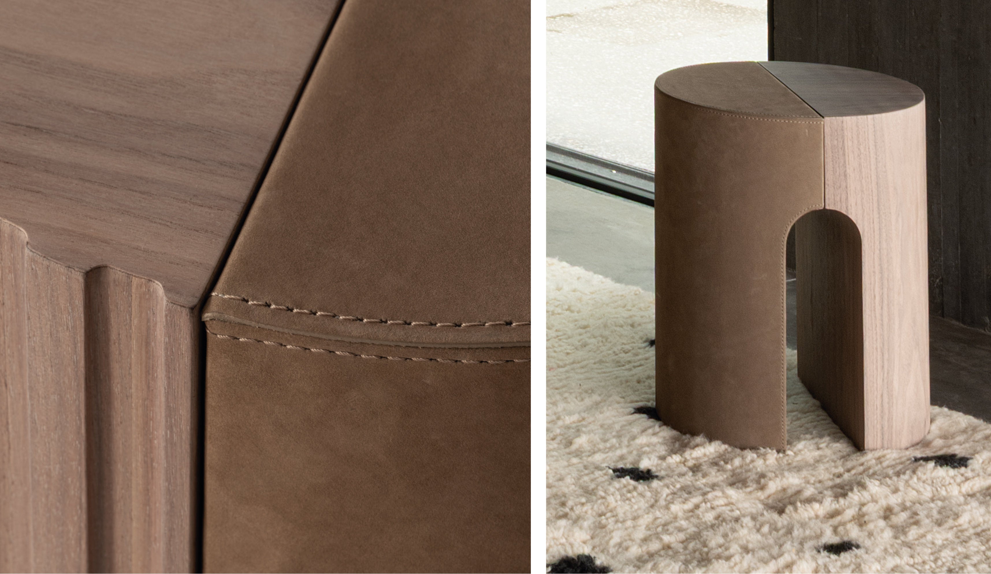 Primo piano della lavorazione artigianale del tavolino Twins, combinazione di pelle finitura cuoio e legno.