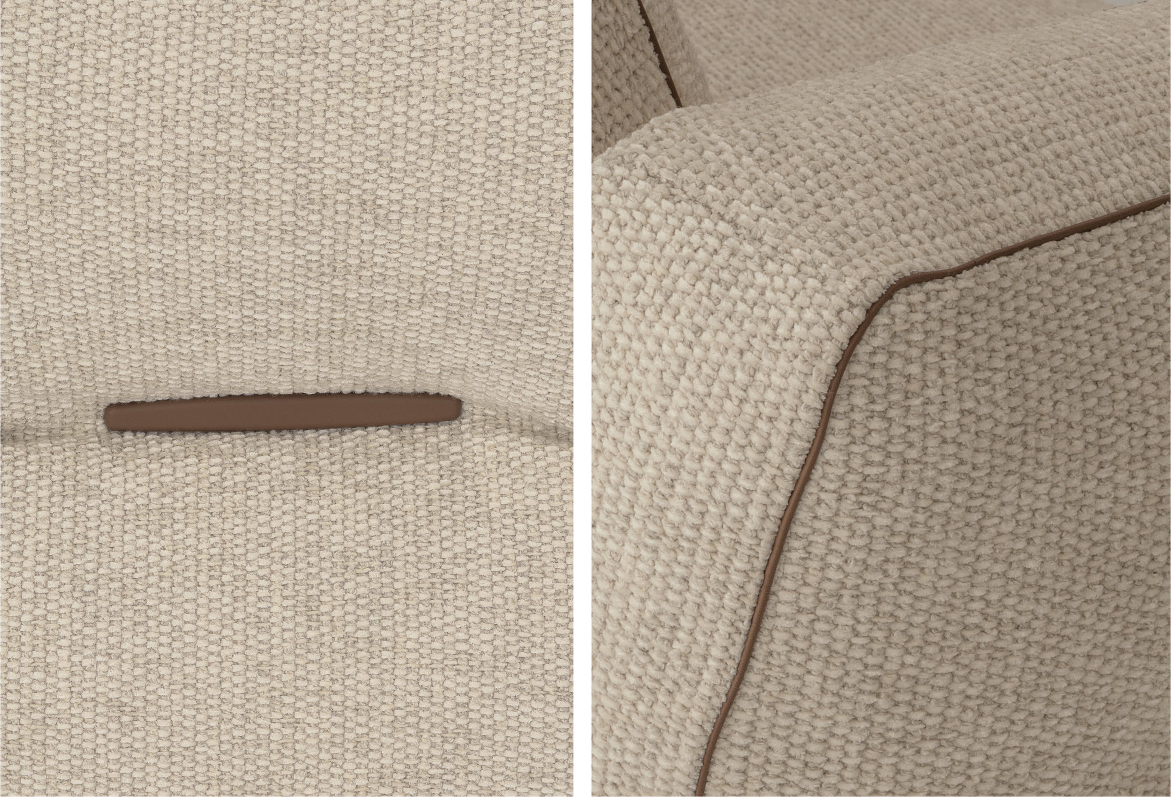 Macro dettagli del rivestimento del divano Loden: tessuto strutturato chiaro e profili in pelle marrone