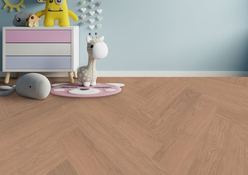 Camera per bambini con giochi e dettaglio del pavimento Lumbertech S700 in Rovere di Skema