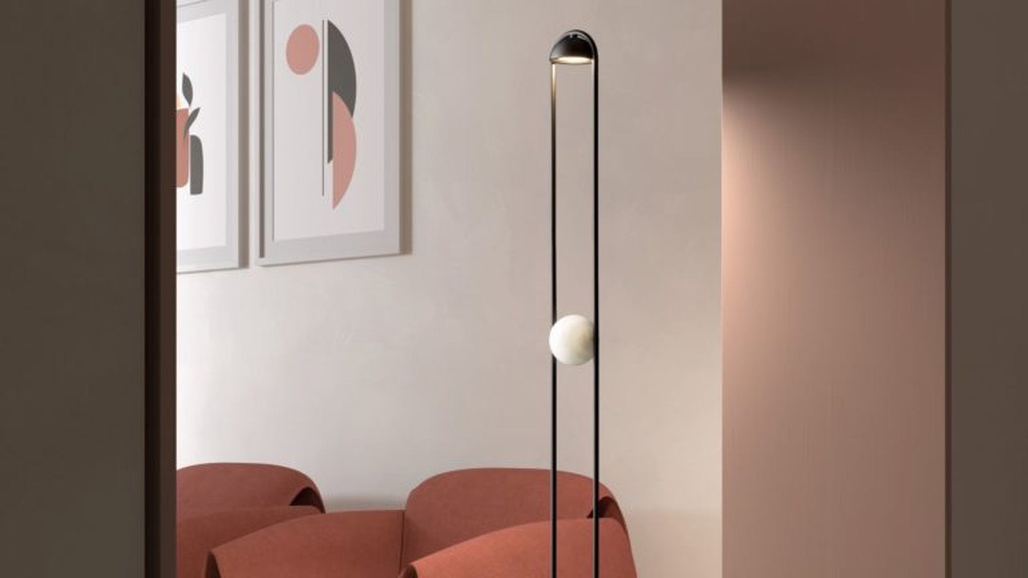 Dettaglio lampada da terra Luppiter Masiero con sfera decorativa in alabastro