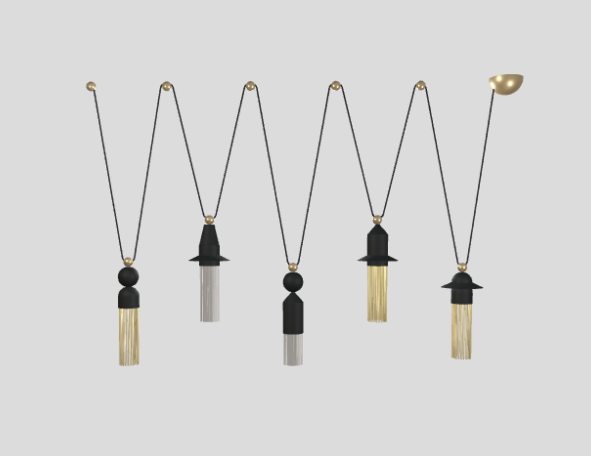 Sospensione Nappe di Masiero a 5 elementi con finiture nere opache e frange dorate, struttura lineare