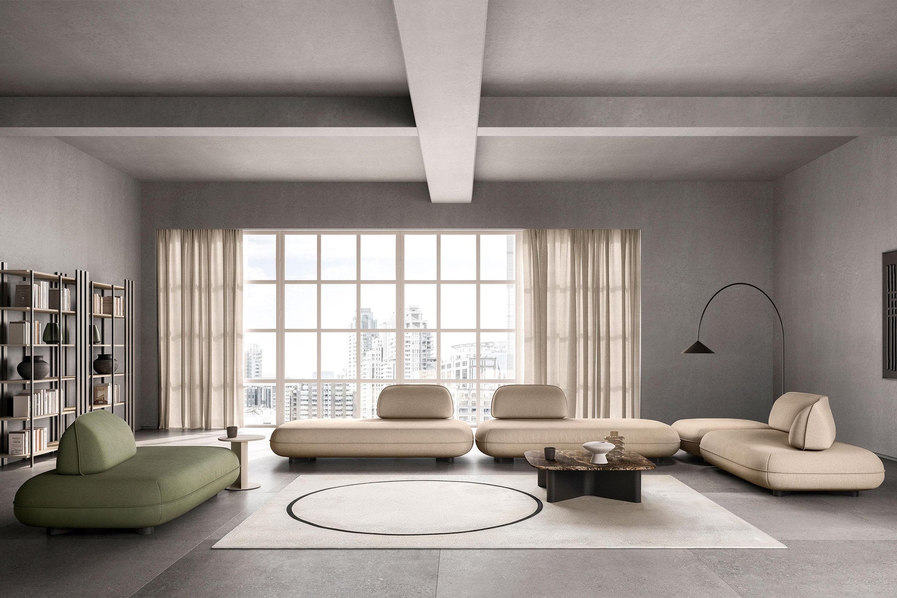 Divano modulare Bao Bodema beige con schienali spostabili, composizione panoramica in soggiorno con vista città