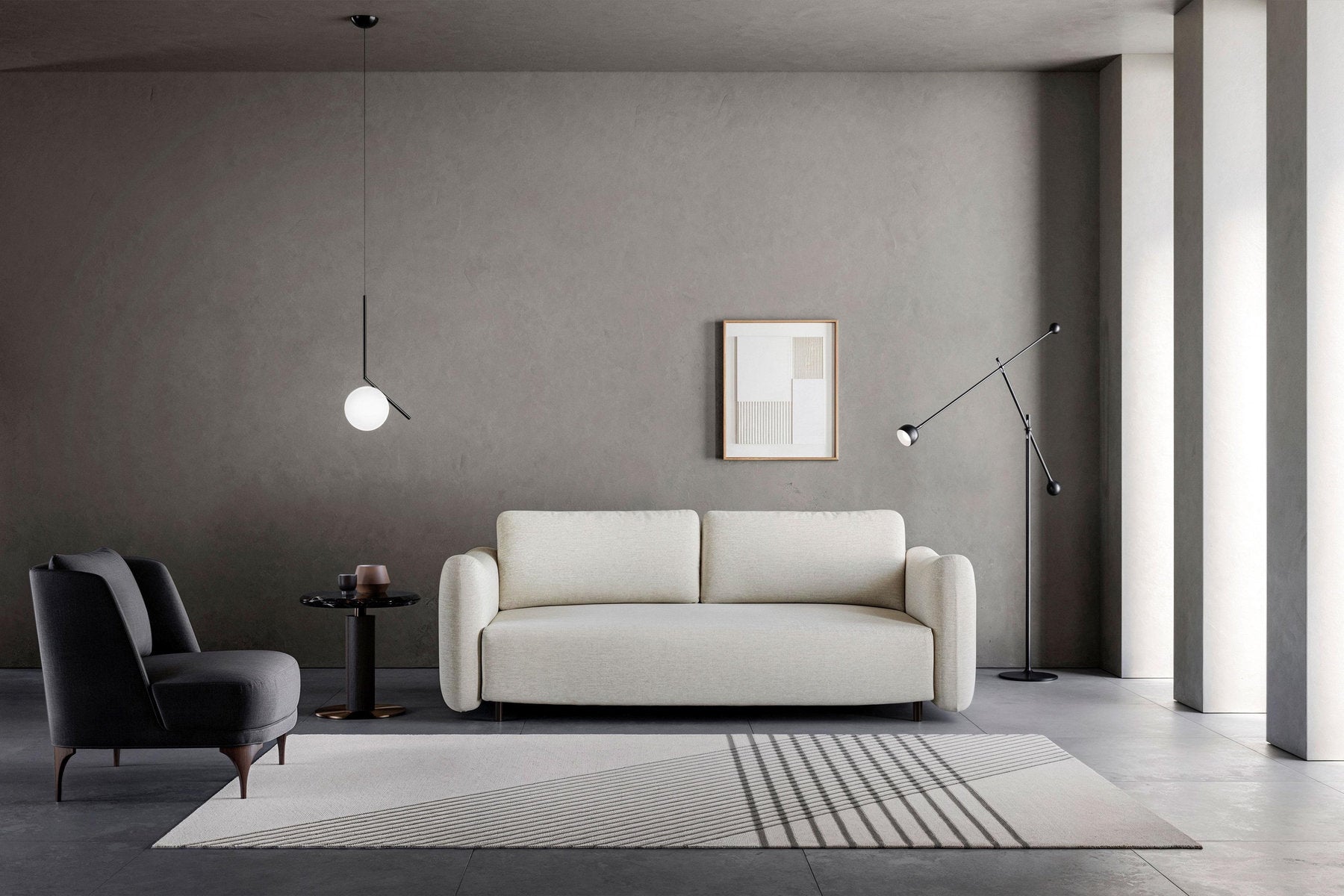 Divano letto Olivier per uso quotidiano in salotto minimal, rivestimento panna