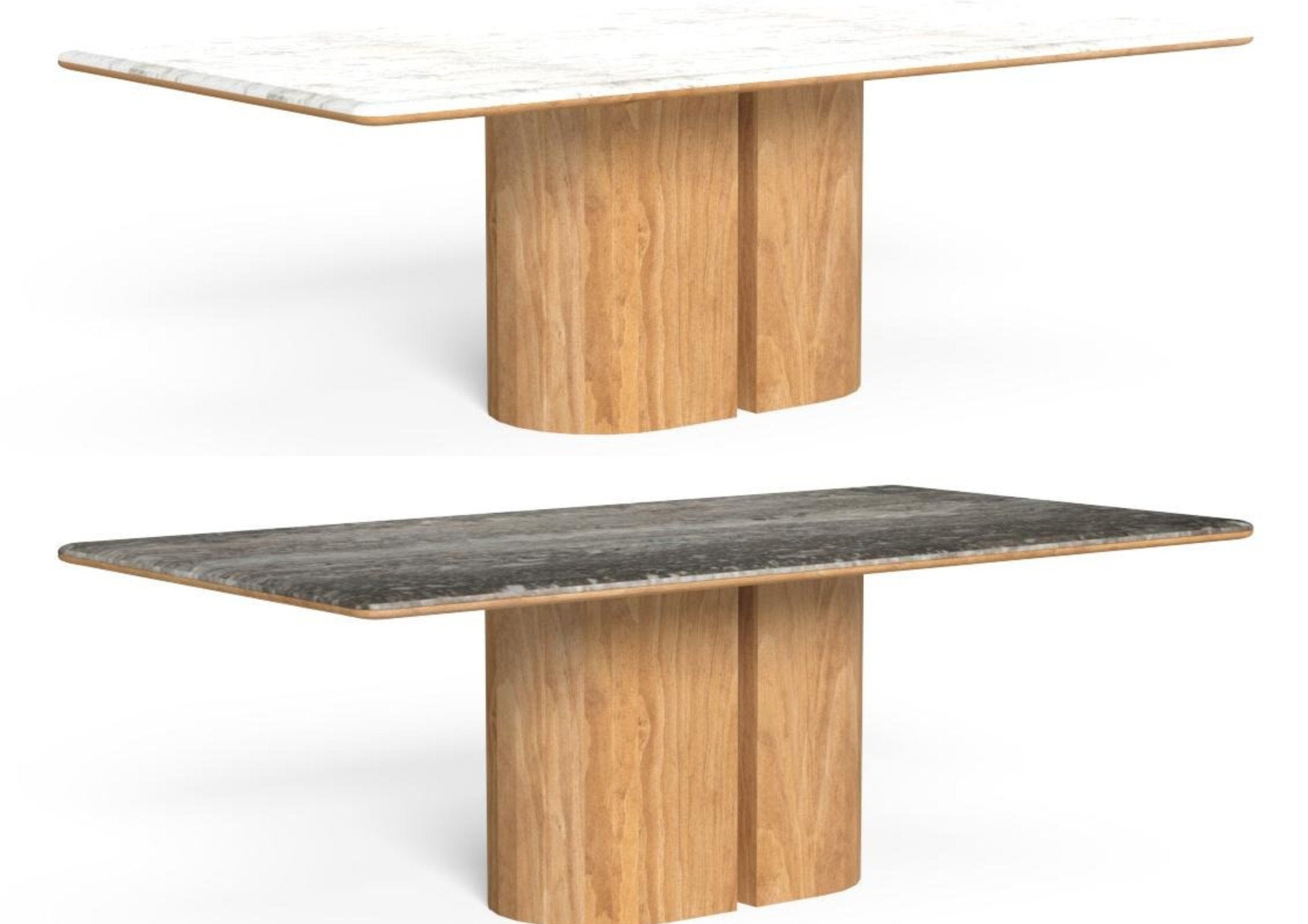 Finiture tavolo Itaca Talenti in teak e marmo carrara e travertino titanio