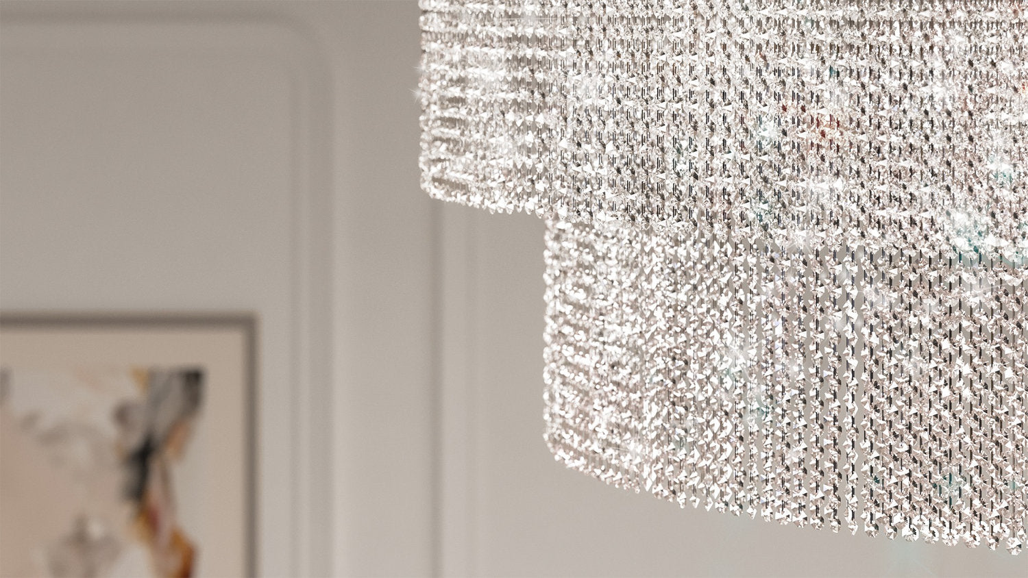 Dettaglio dei pendagli con gocce di cristallo del lampadario Galassia di Masiero