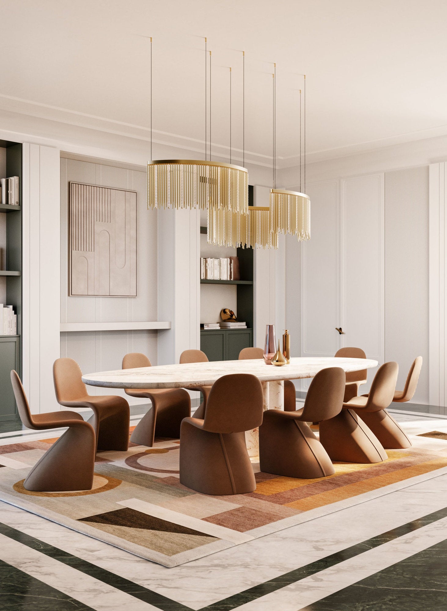 Vista ampia della Lustralis SA1 SNG sospesa in una sala da pranzo con tavolo ovale in marmo e sedute color cuoio, tappeto geometrico e librerie integrate