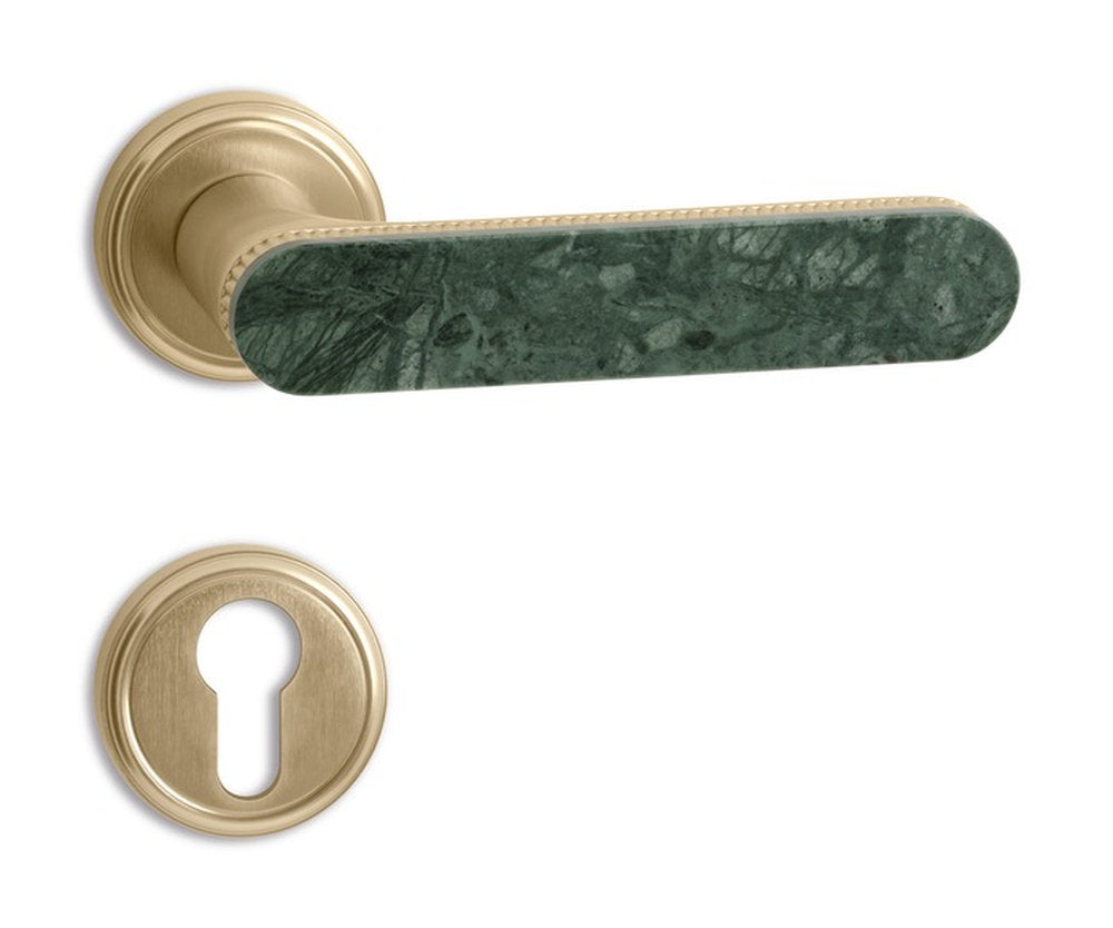 Maniglia Krone Lux Salice Paolo in ottone e marmo Verde Guatemala con rosetta e bocchetta