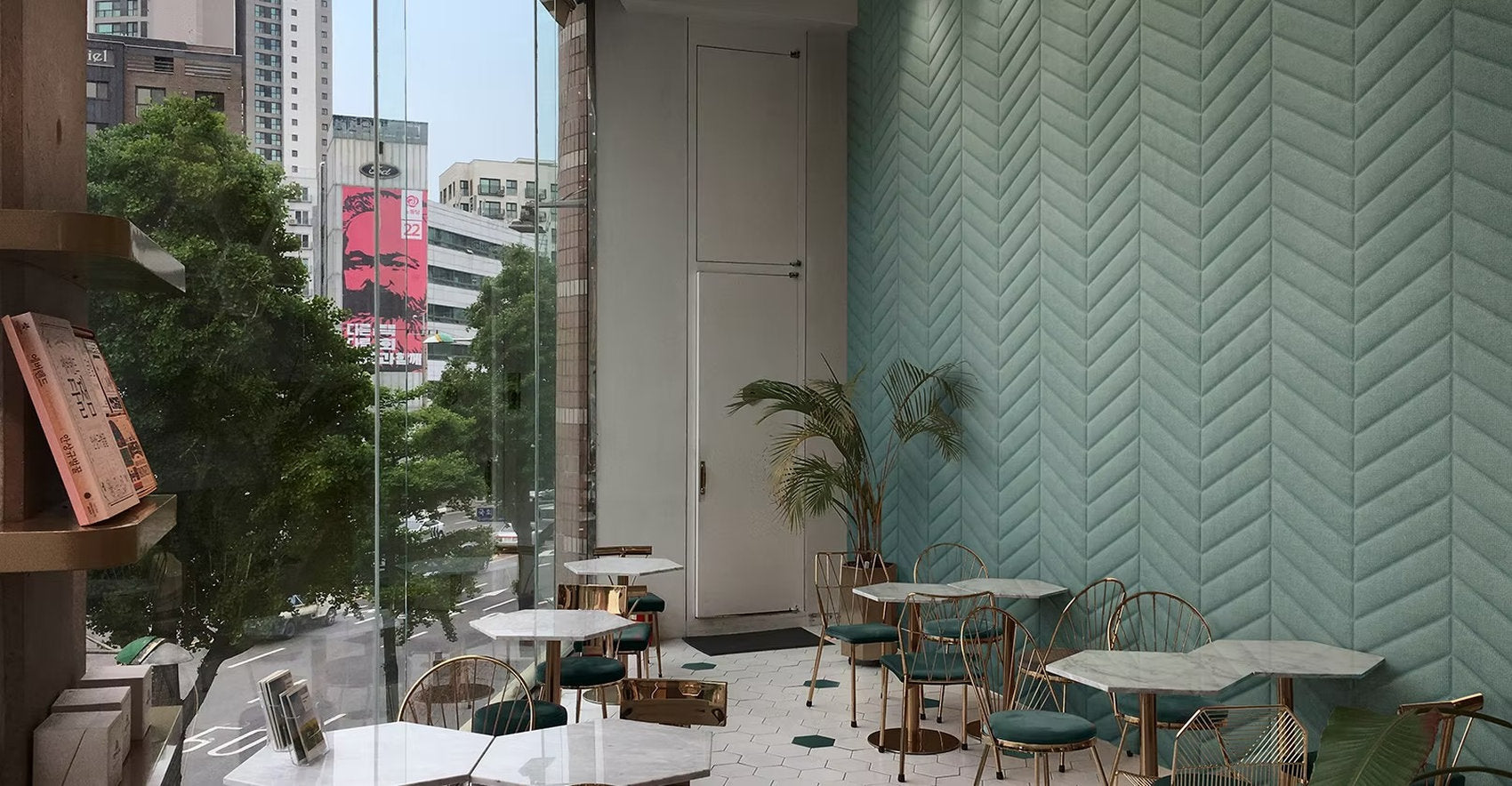 Pannelli acustici Fonoforma Alice motivo spigato verde acqua in caffetteria contract Milano