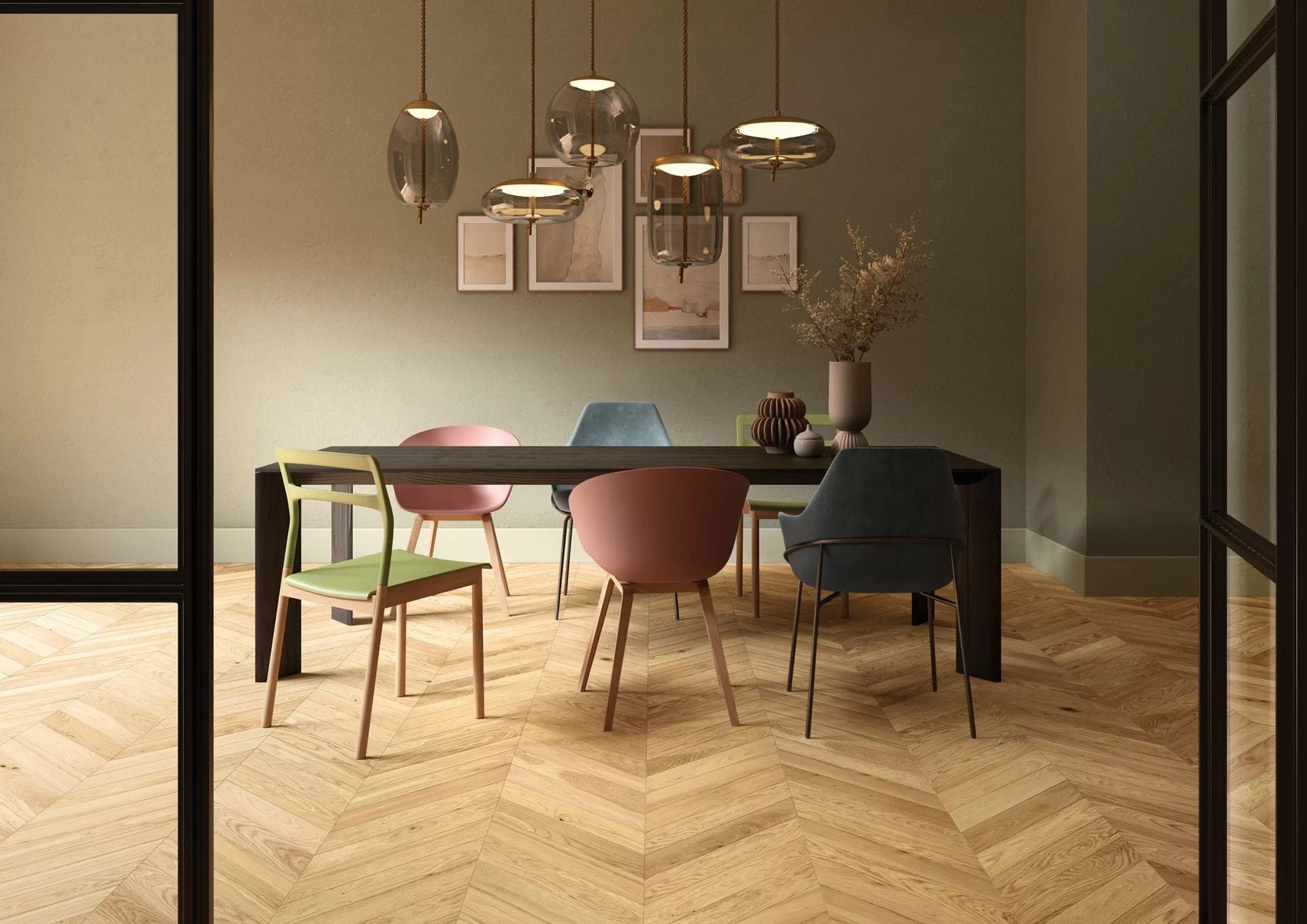 Parquet rovere europeo spina francese 45° Woodco, posa chevron in sala da pranzo