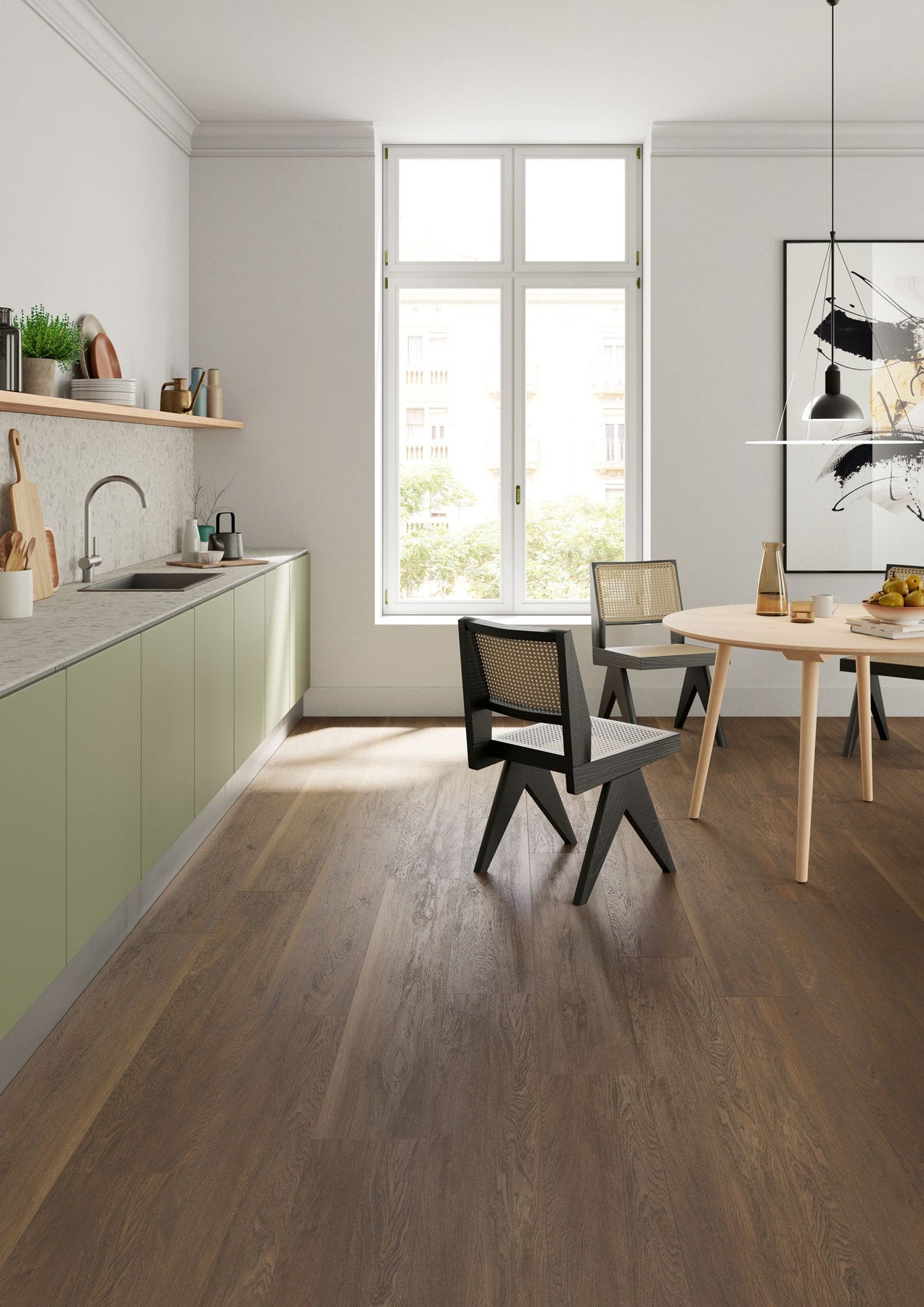 Pavimento SPC Flow 55 Atlante effetto legno in cucina, doghe rovere bruno