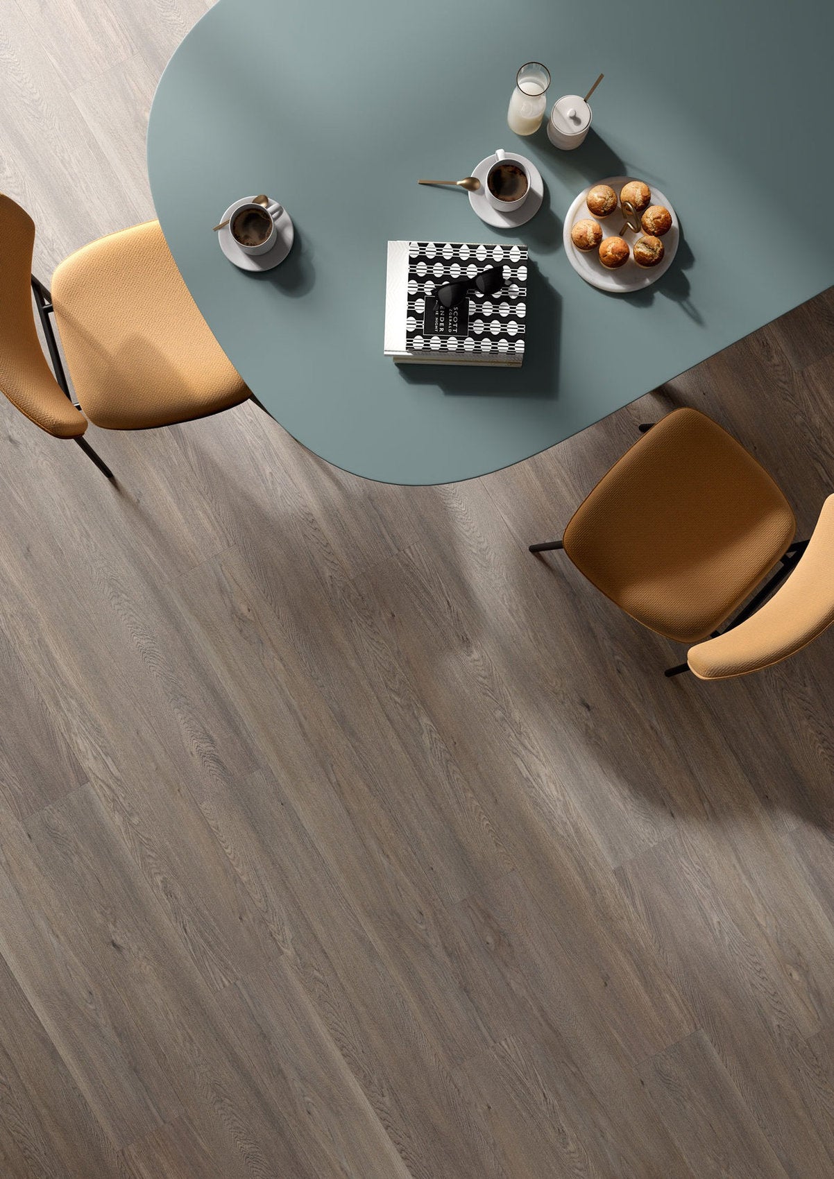 Pavimento SPC Flow 55 Dolomiti effetto legno grigio in living, venatura naturale