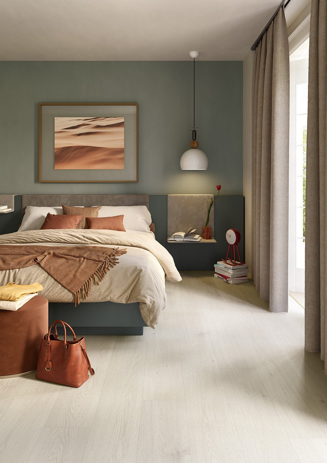 Camera da letto con pavimento SPC Flow XL decoro Ararat, maxi doga effetto legno chiaro