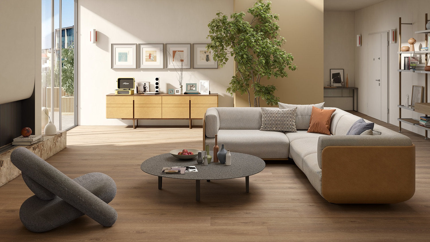 Soggiorno con pavimento SPC Flow XL decoro Cordillera, maxi doga effetto legno tortora caldo