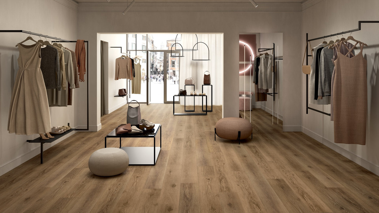 Negozio con pavimento SPC Flow XL decoro Meru, maxi doga effetto legno nocciola intenso