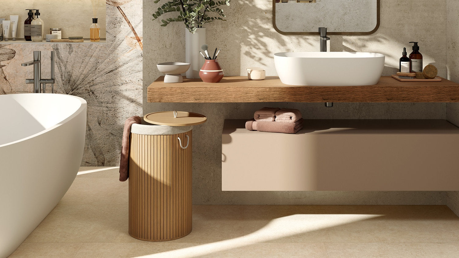 Pavimento SPC Flow+ XL Tile Nabro sabbia chiara effetto pietra, bagno con arredi sospesi