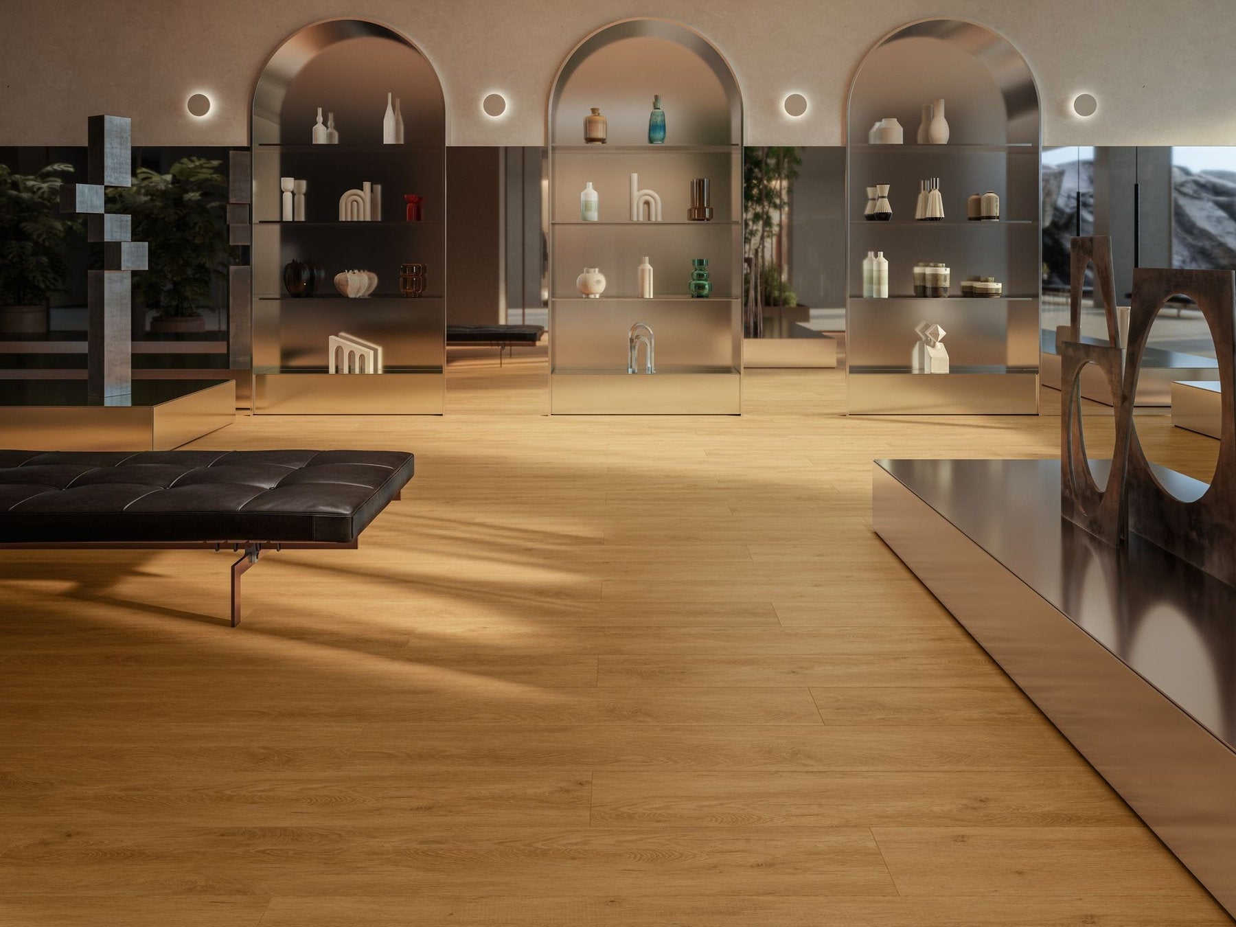 Ambiente espositivo con pavimento SPC Connex Skema, finitura Rovere Crudo, posa flottante e superficie naturale