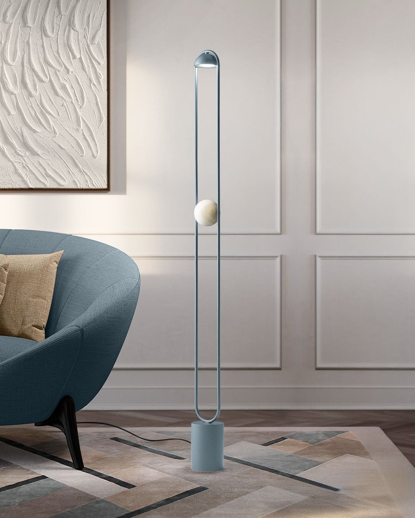 Piantana Luppiter Masiero in colore custom azzurro opaco e sfera in alabastro