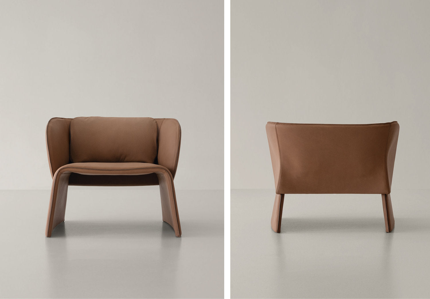 Vista fronte/retro della poltrona in pelle tabacco Knight di Cierre Imbottiti