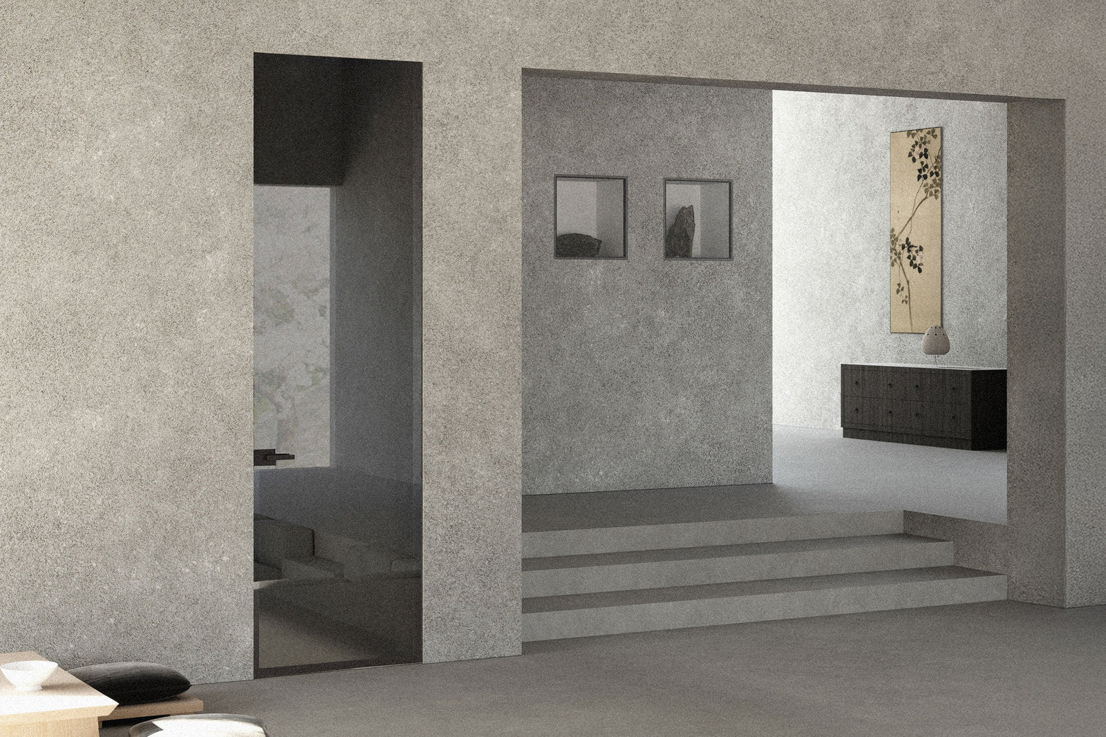 Porta raso muro in vetro Como Viva con anta complanare e telaio invisibile