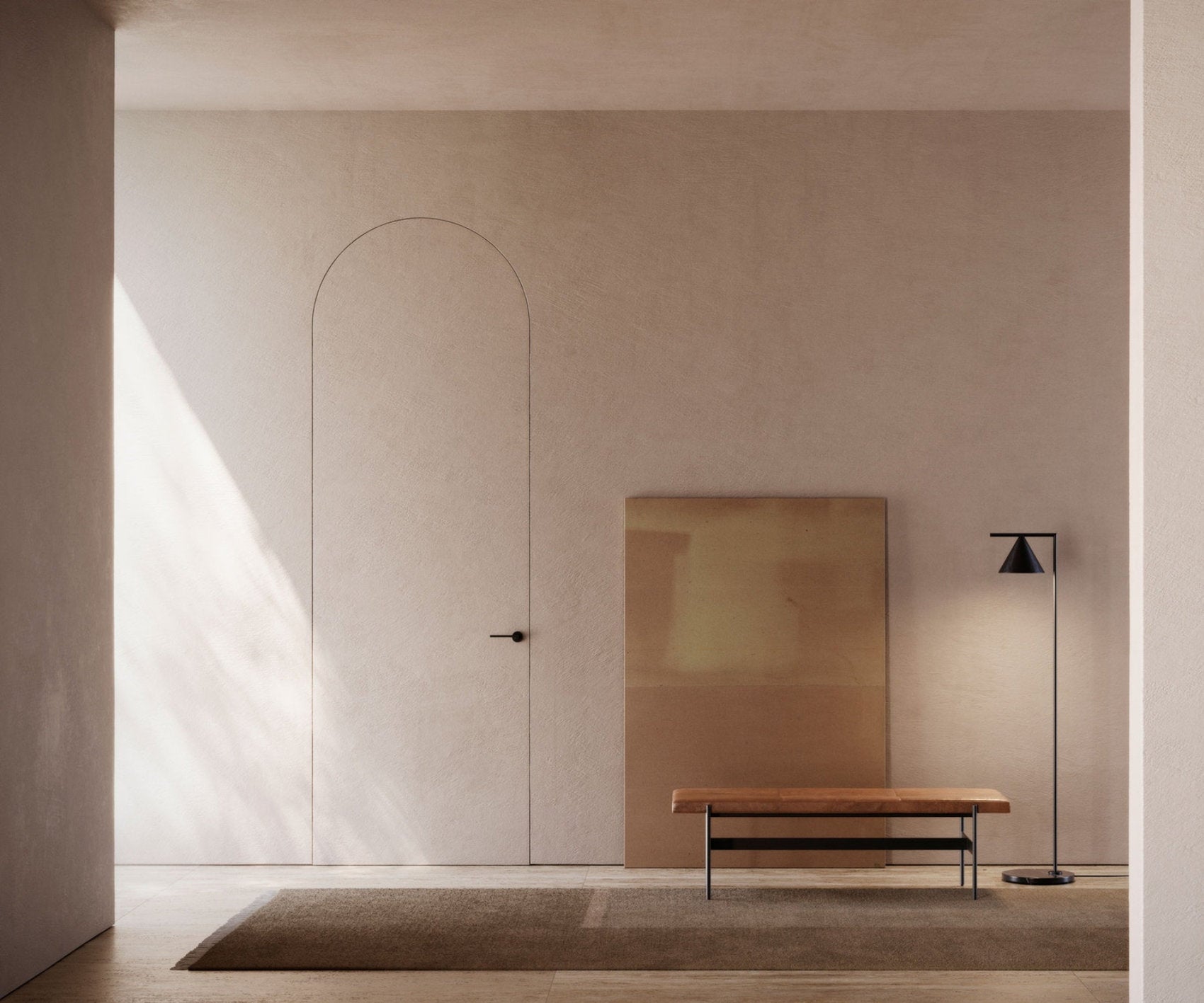 Porta filo muro ad arco di Viva Porte in contesto di ingresso minimal