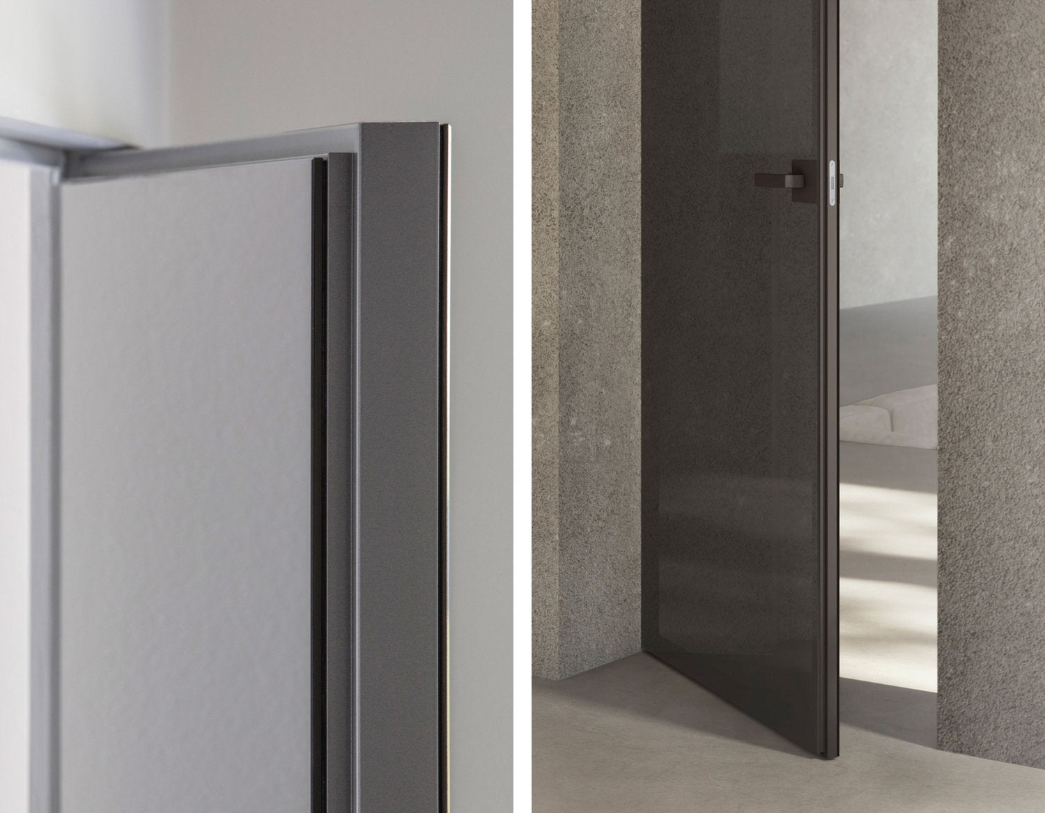 Dettaglio telaio alluminio e anta vetro della porta filomuro Como Viva Porte