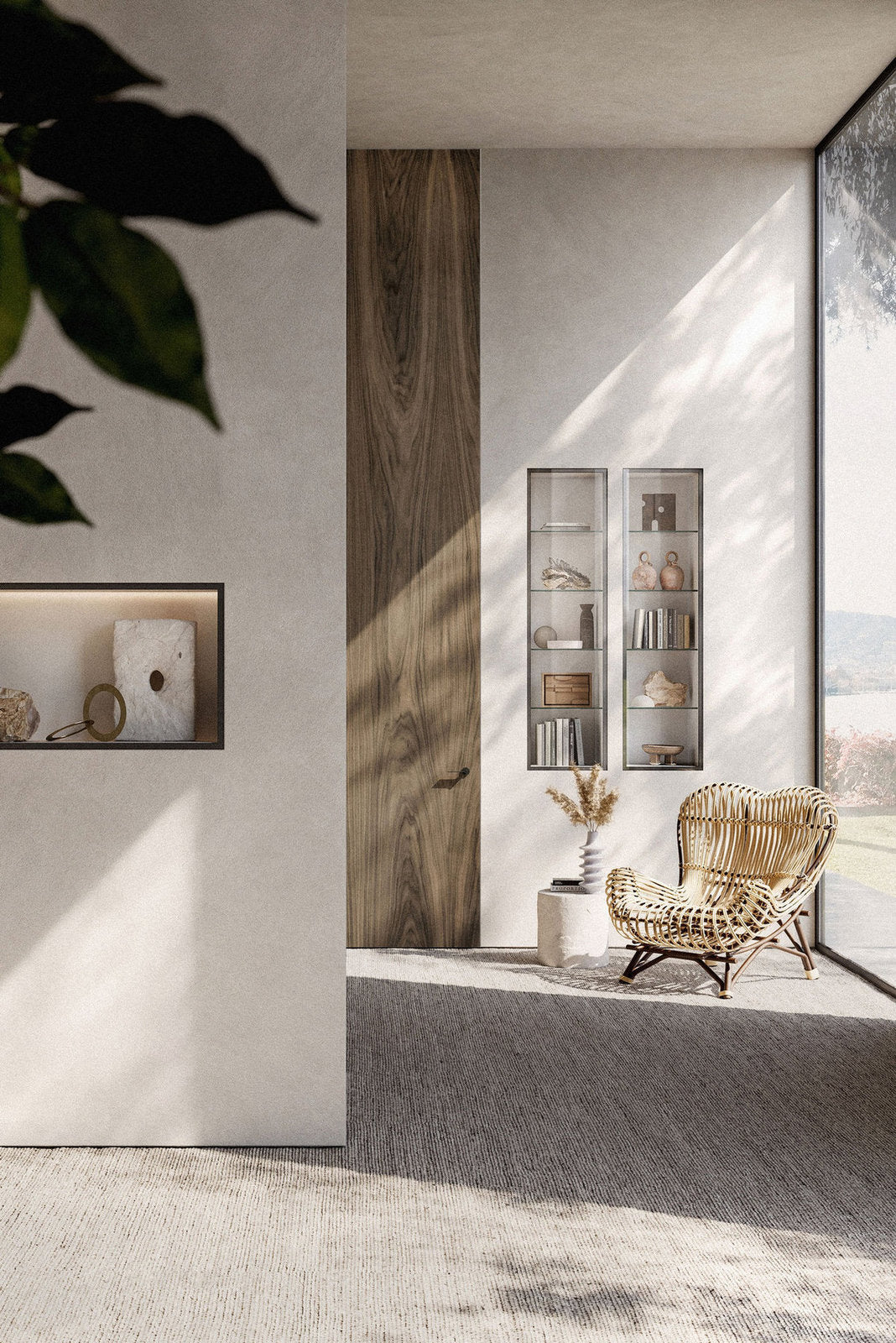 Porta filo muro V0 Viva Porte in legno noce canaletto in soggiorno