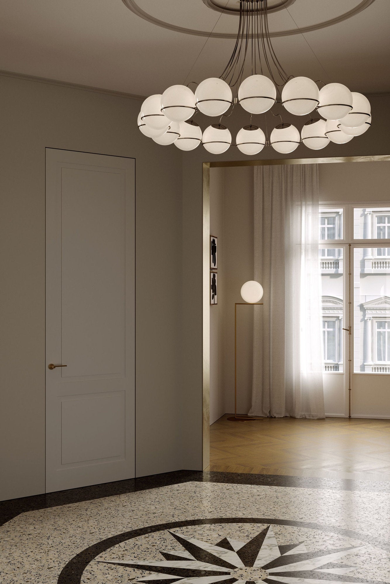 Porta rasomuro V0 Viva Porte con finitura pantografata in ambiente classico