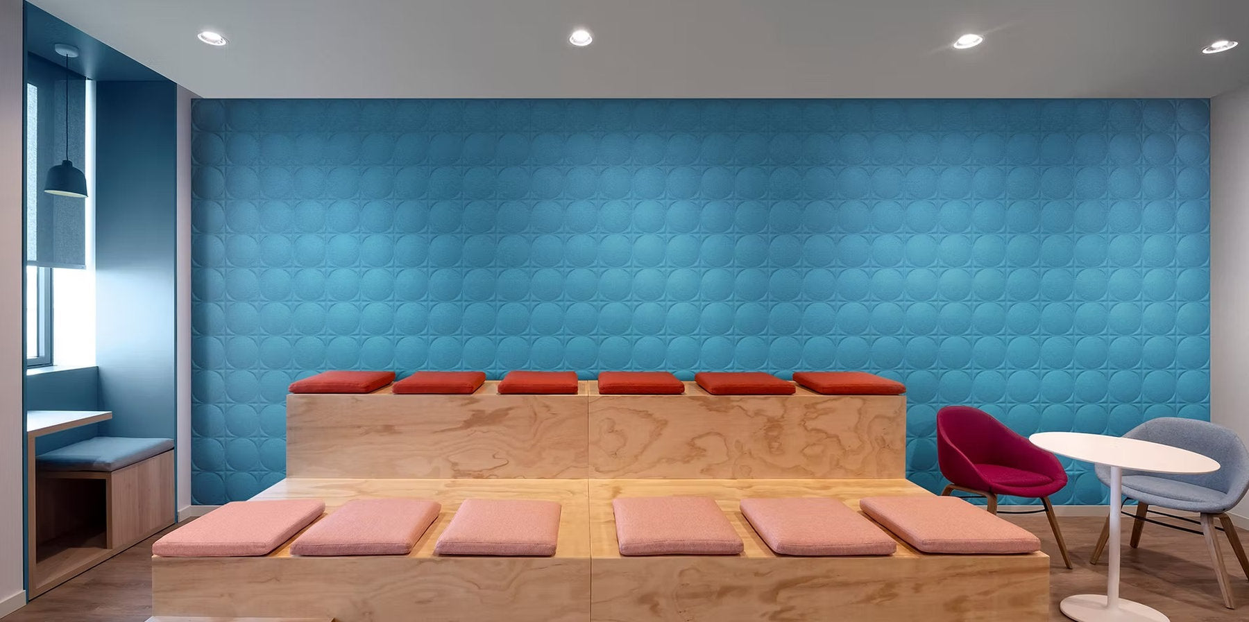 Pannelli acustici Fonoforma Pop Corn motivo circolare blu ufficio lounge Fonolab Atlantico Milano