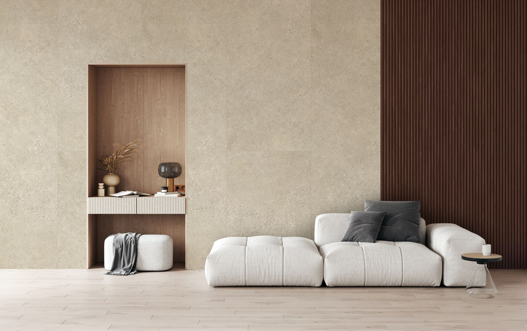 Soggiorno con divano e rivestimento parete effetto graniglia Cotton Star KW Maxi Skema