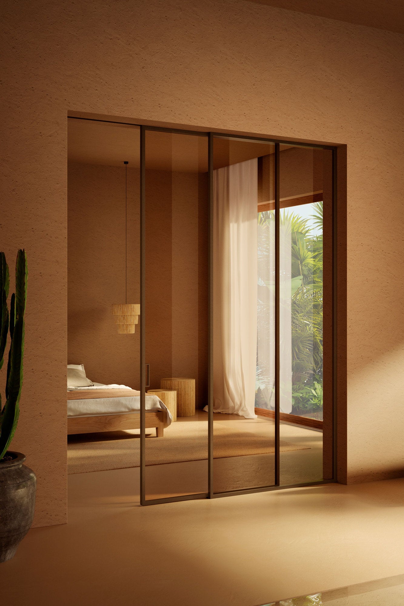 Porta scorrevole in vetro Bellagio Viva Porte, grande apertura su camera con luce naturale