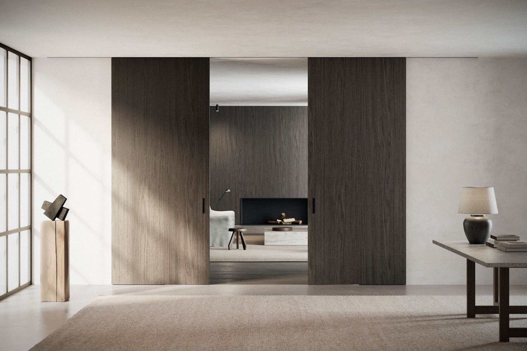 Grandi pannelli scorrevoli in legno con passaggio centrale, sistema Bellagio Wood Viva Porte