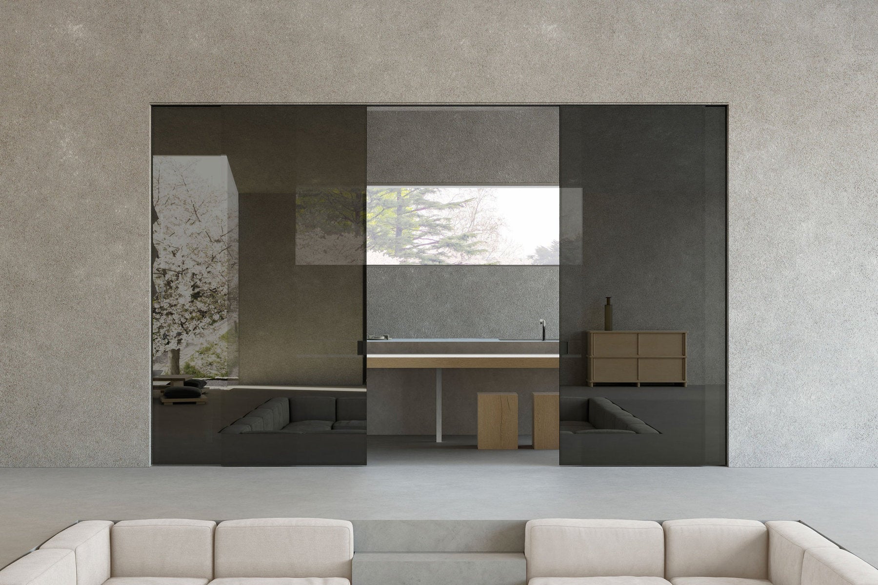 Viva Porte Como, sistema scorrevole in vetro fumé con due ante su vano ampio