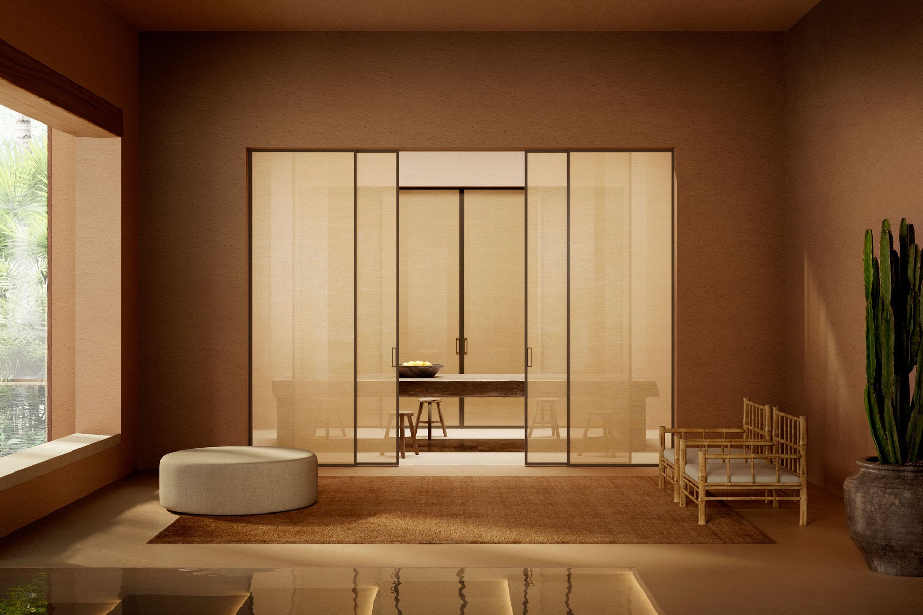 Parete vetrata scorrevole Bellagio Viva Porte, vista frontale con ante e pannelli fissi