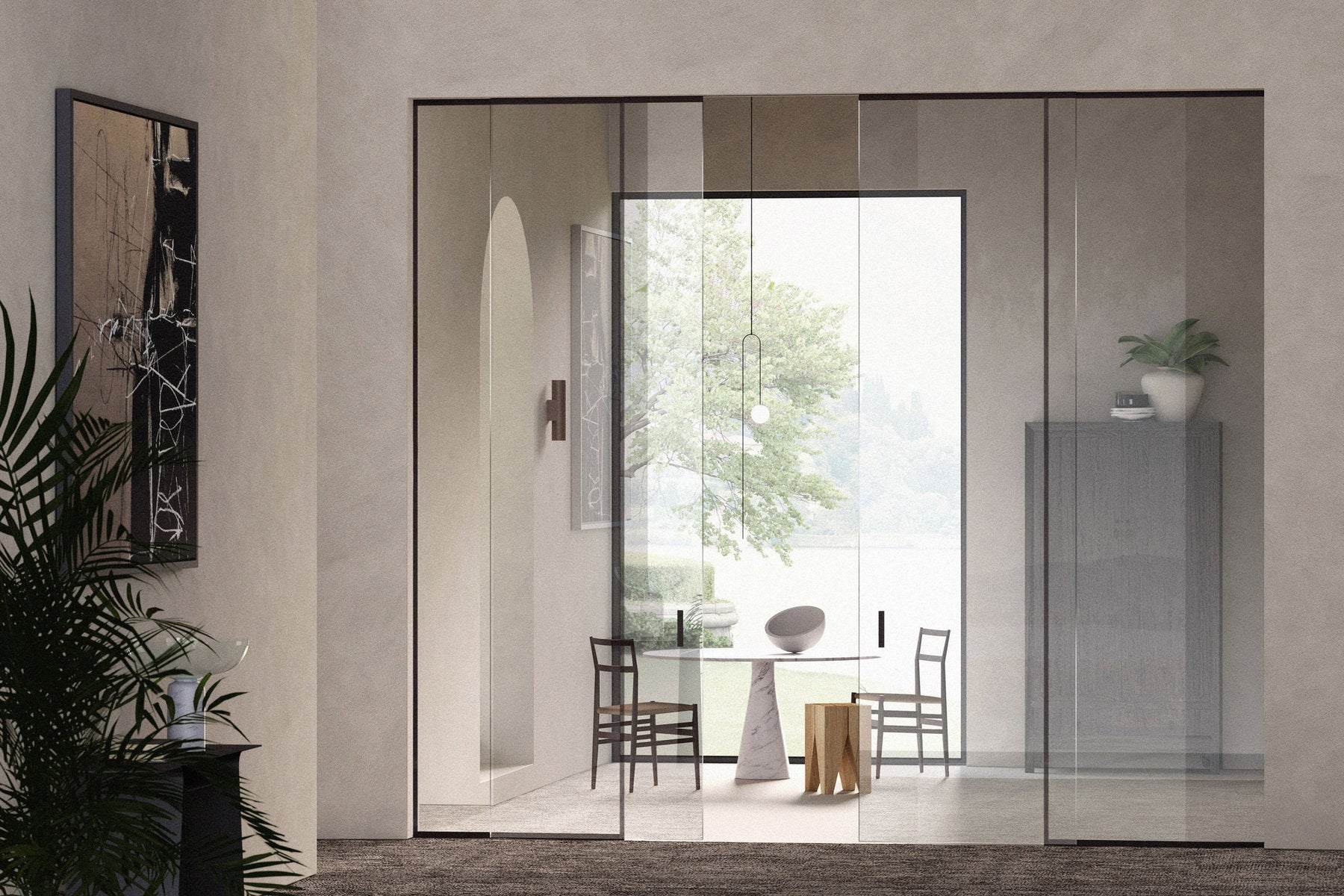 Sistema vetrate scorrevoli in vetro Cernobbio Viva Porte, grandi pannelli trasparenti a tutta altezza