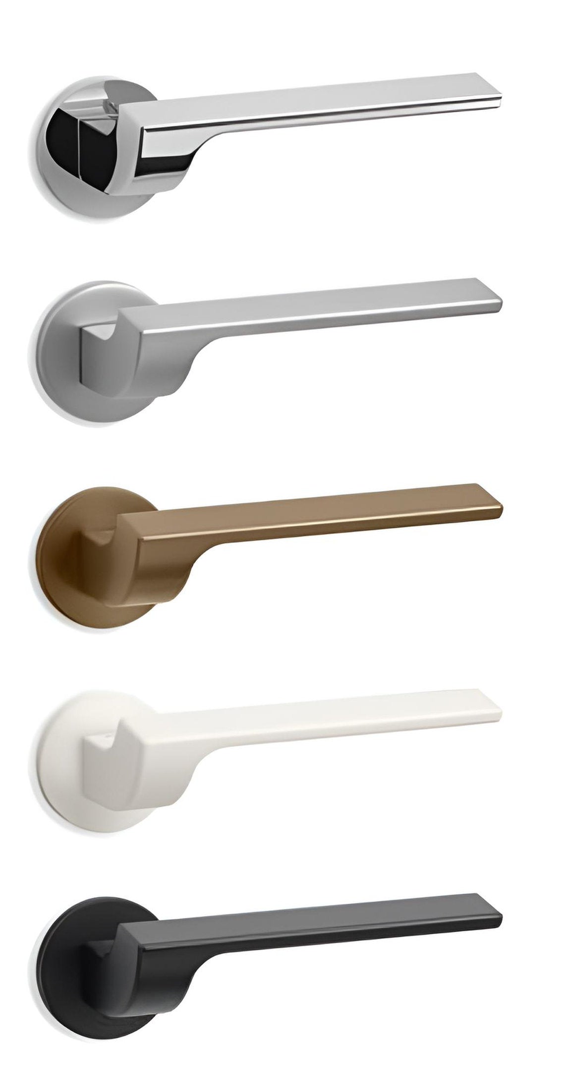 Varianti maniglia Nur Ento: cromo, satinato, bronzo, bianco e nero per porte interne