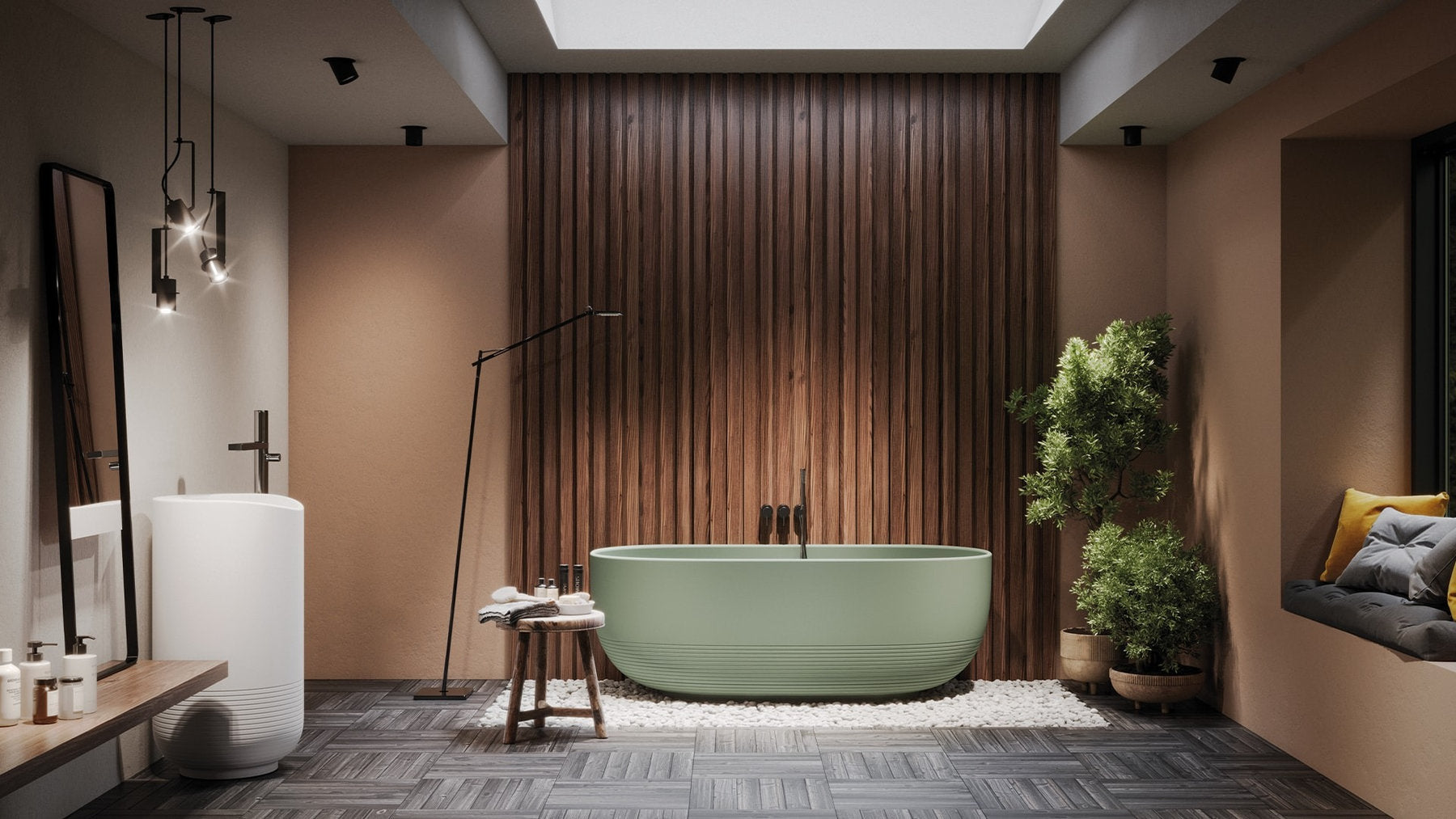 Vasca da bagno freestanding a parete Aura, verde salvia opaco, vista ambiente bagno