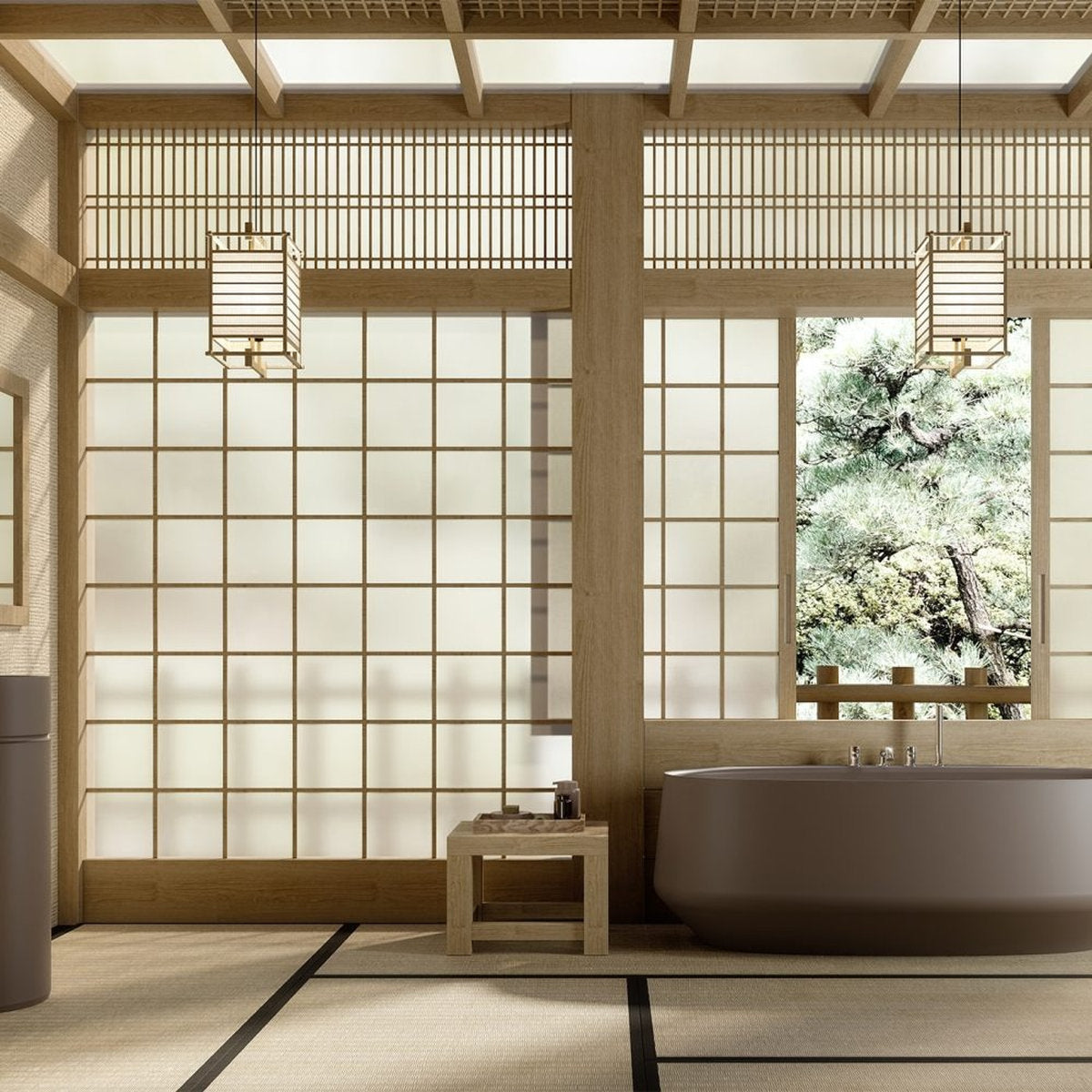 Vasca freestanding ovale IKI Wall bianca in bagno design giapponese con shoji e tatami Milano