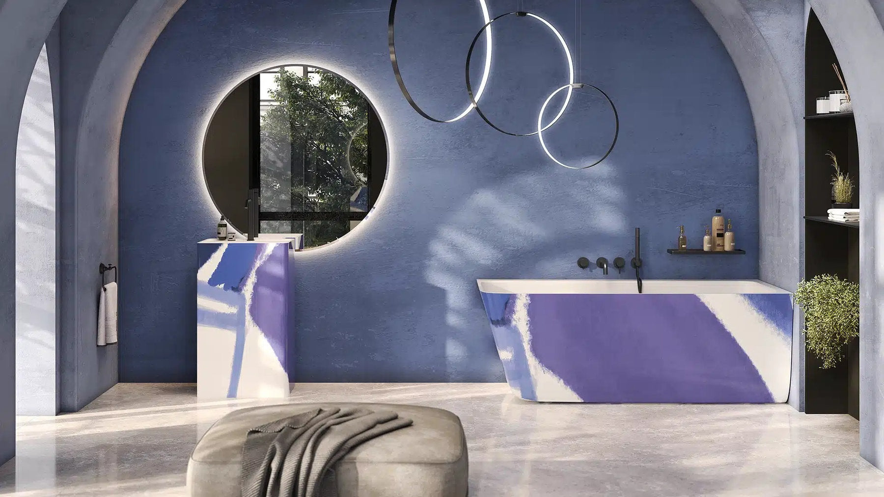 Bagno con vasca freestanding angolare Meda Corner Forma Aquae e mobile lavabo, finitura blu