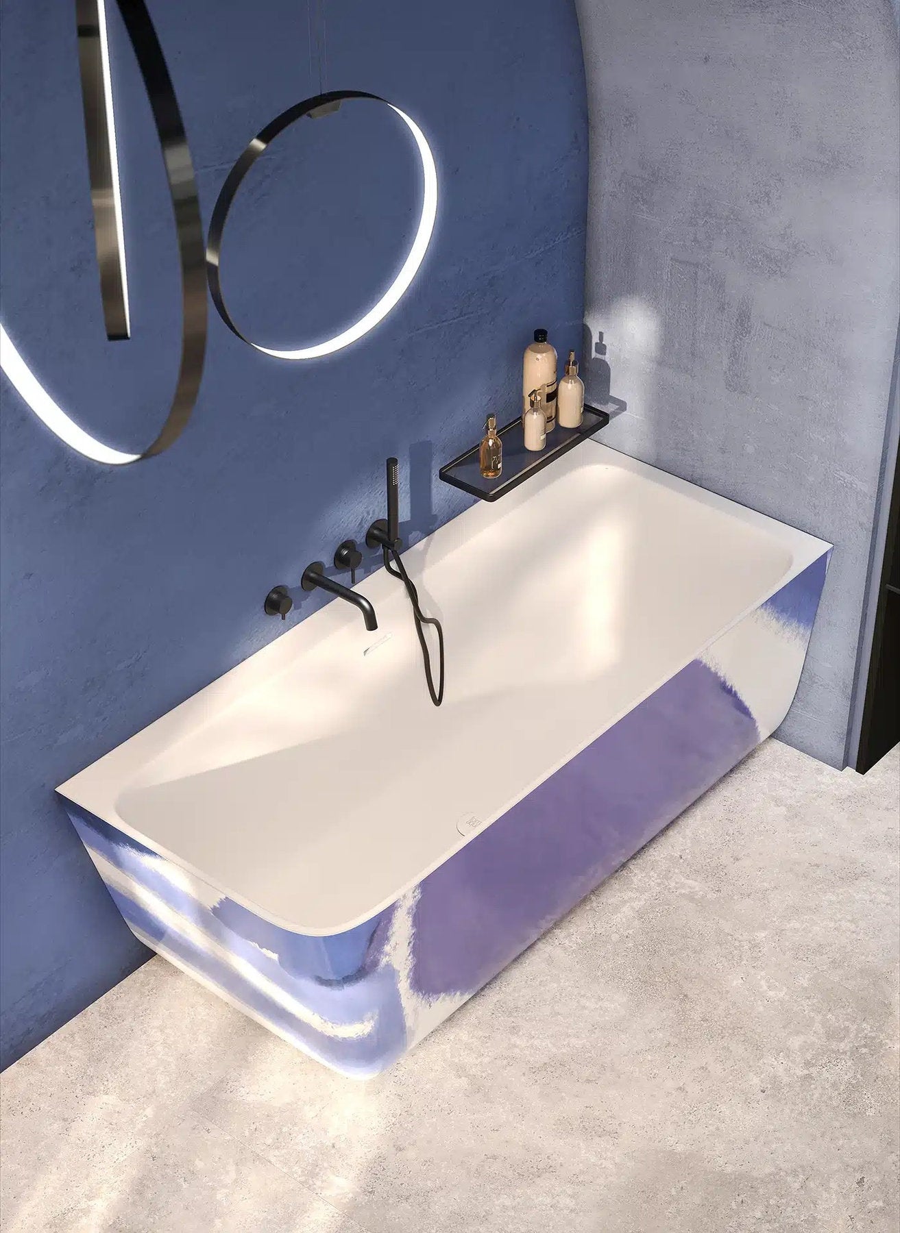 Vasca freestanding angolare Meda Corner Forma Aquae vista dall’alto, interno bianco e lato blu