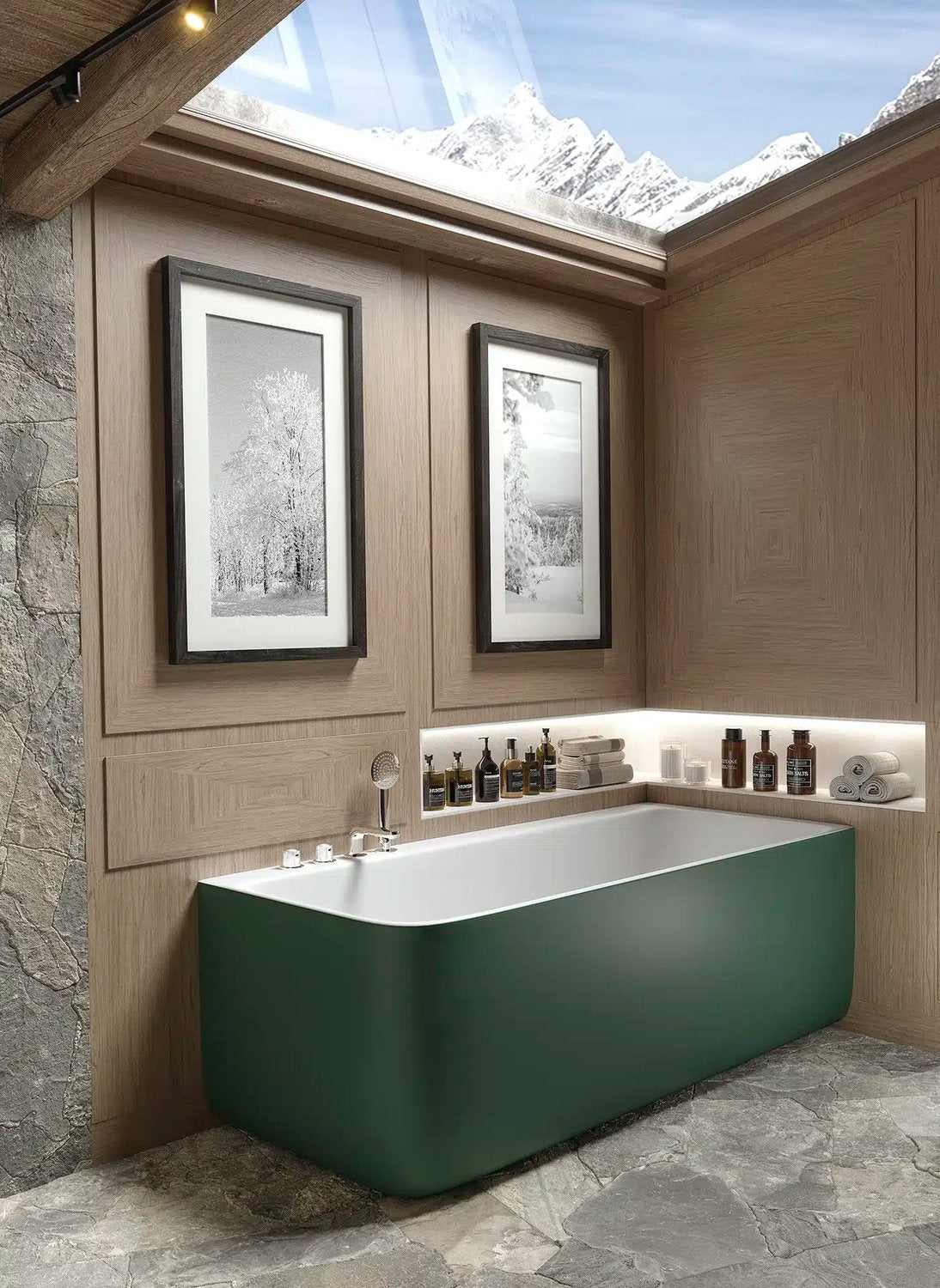 Vasca da bagno angolo Oasi Corner verde con boiserie legno e lucernario Atlantico Milano