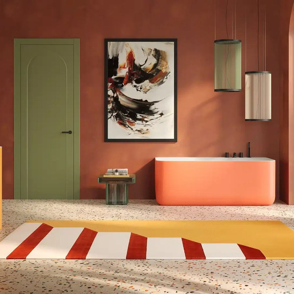 Vasca da bagno a parete Oasi Small color arancio personalizzata su pavimento terrazzo - Atlantico Milano