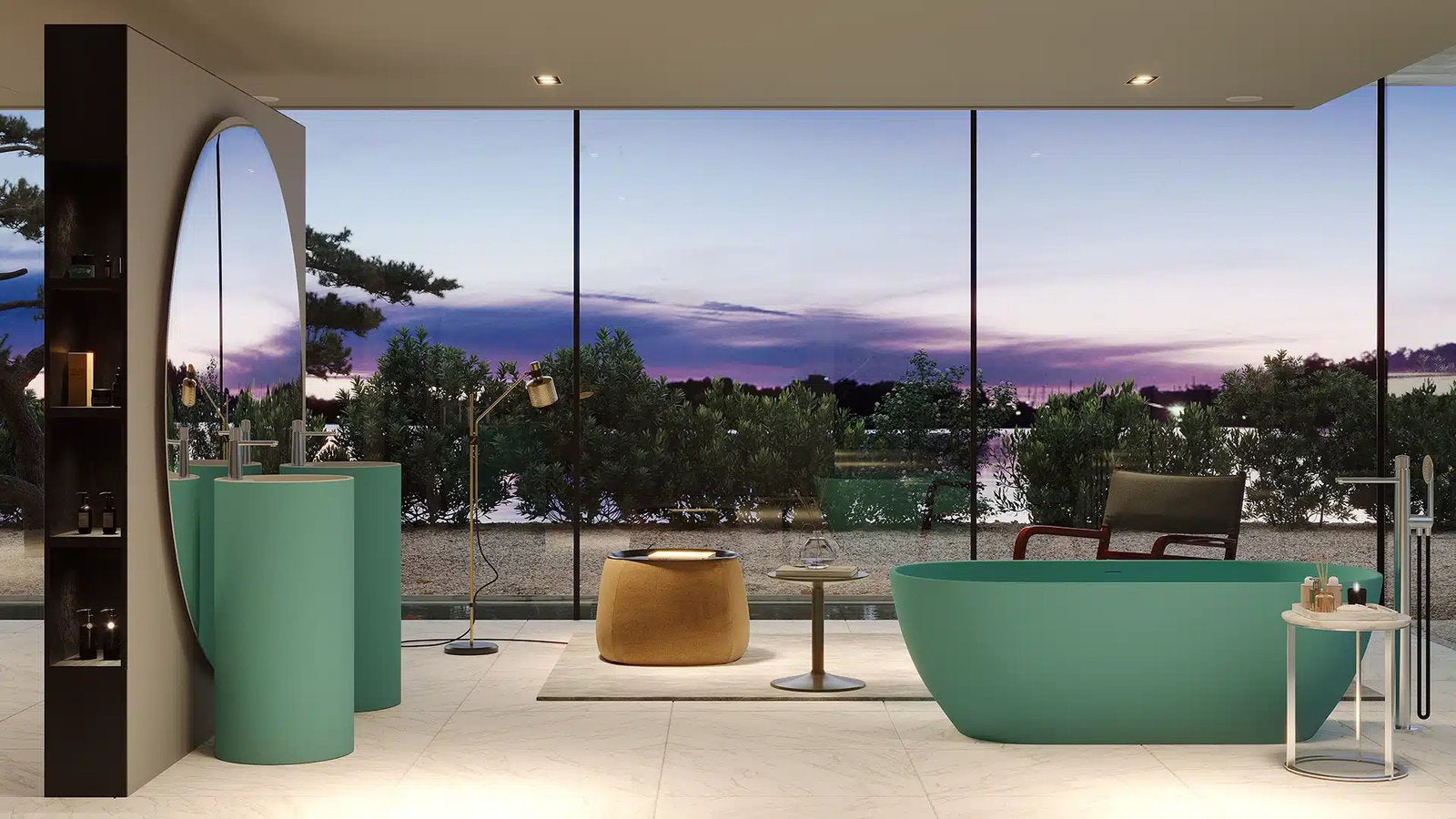 Vasca centro stanza Fine personalizzata verde petrolio in ambiente luxury con pavimento marmo