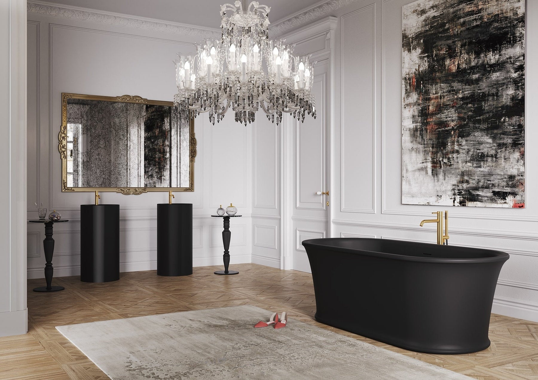Ambiente bagno con vasca Skye Central freestanding, finitura opaca nera, vista d’insieme