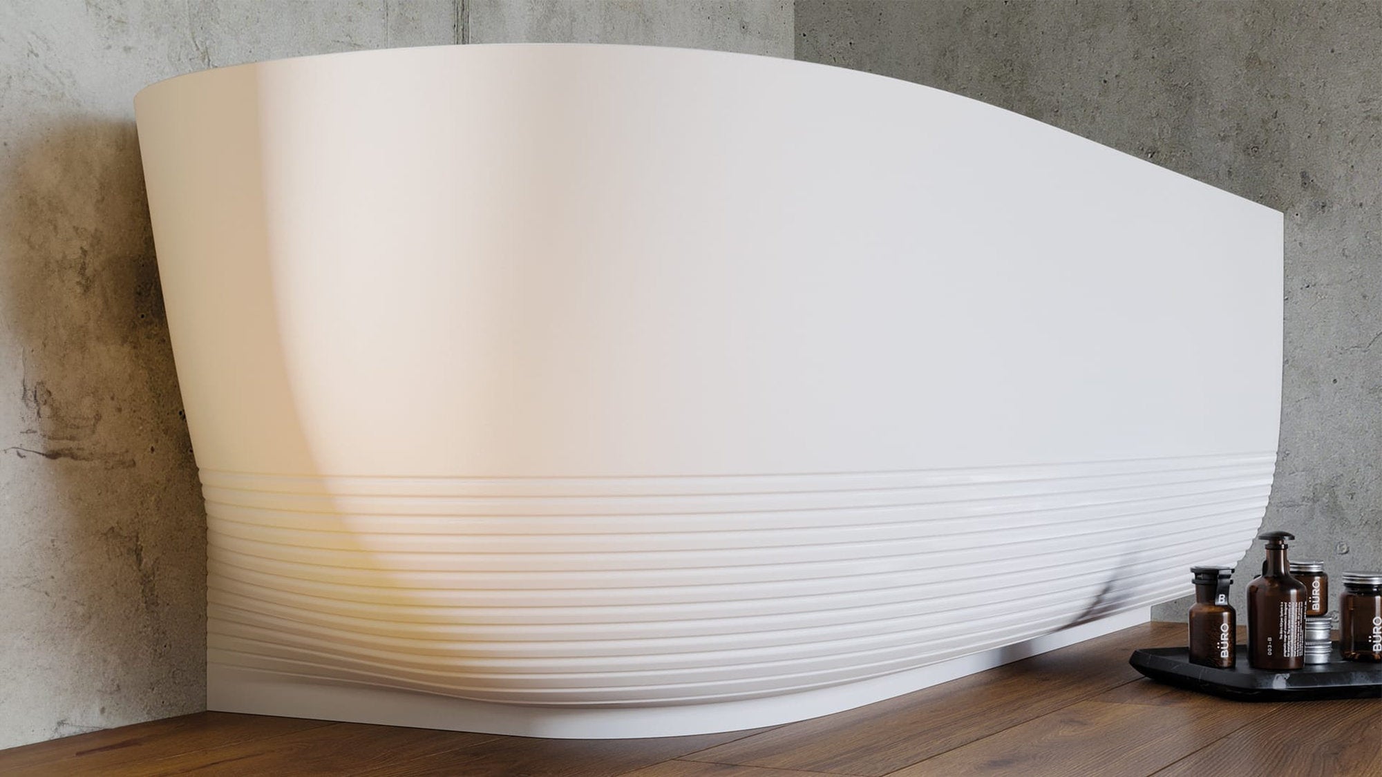 Vasca angolare Aura Corner Forma Aquae bianco opaco, vista laterale a parete con base rigata