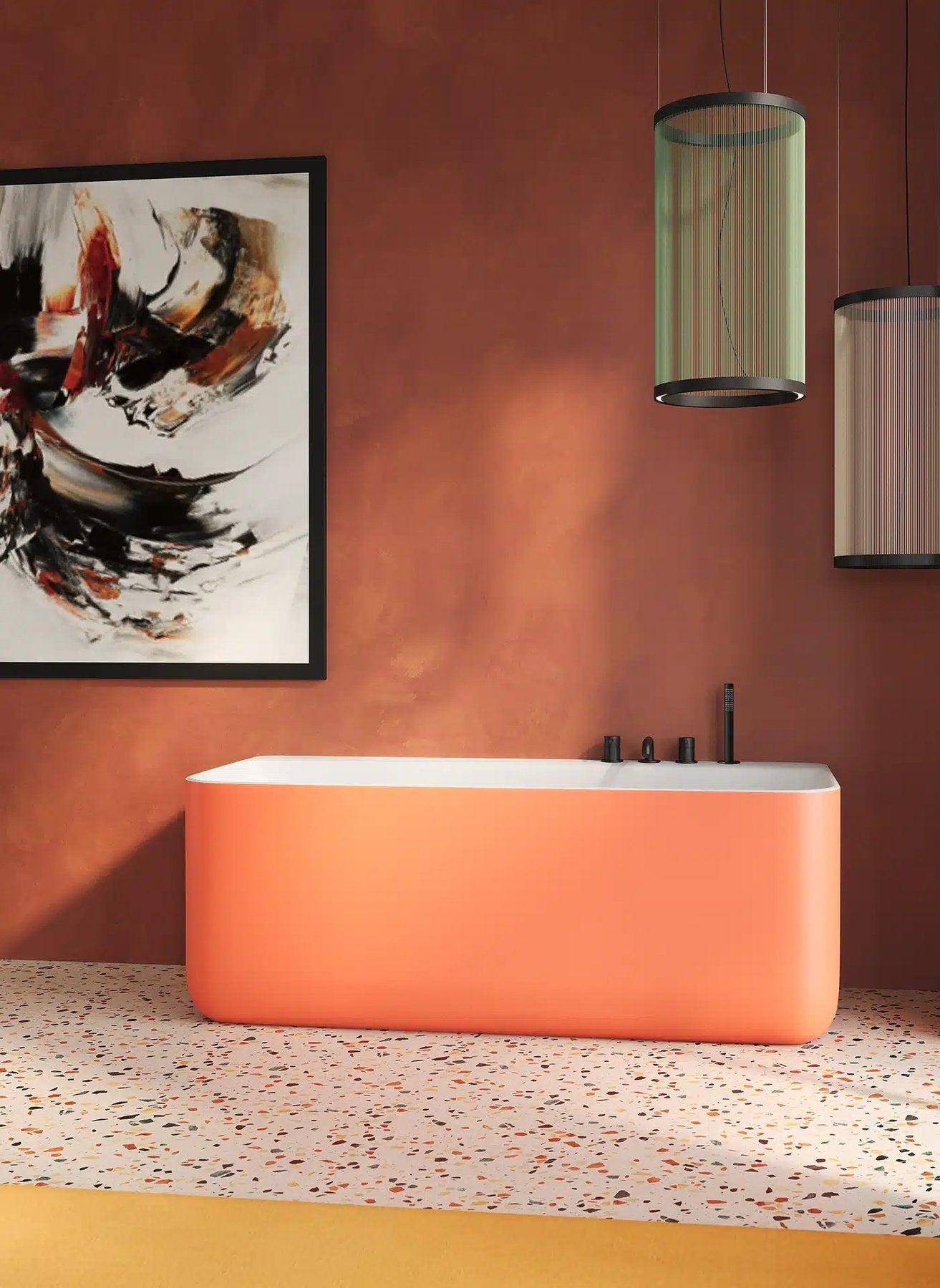 Vasca bagno piccola Oasi Small Wall arancio in bagno moderno con pavimento graniglia