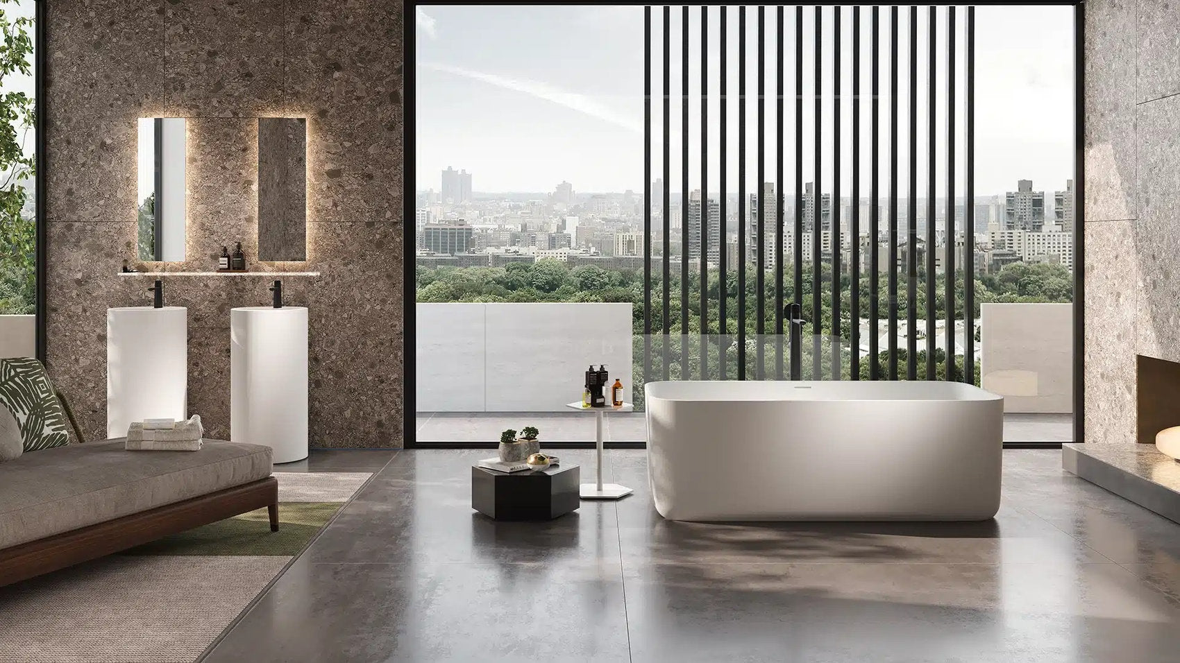 Vasca Oasi di Forma Aquae, bianca rettangolare con bordi arrotondati in bagno minimal