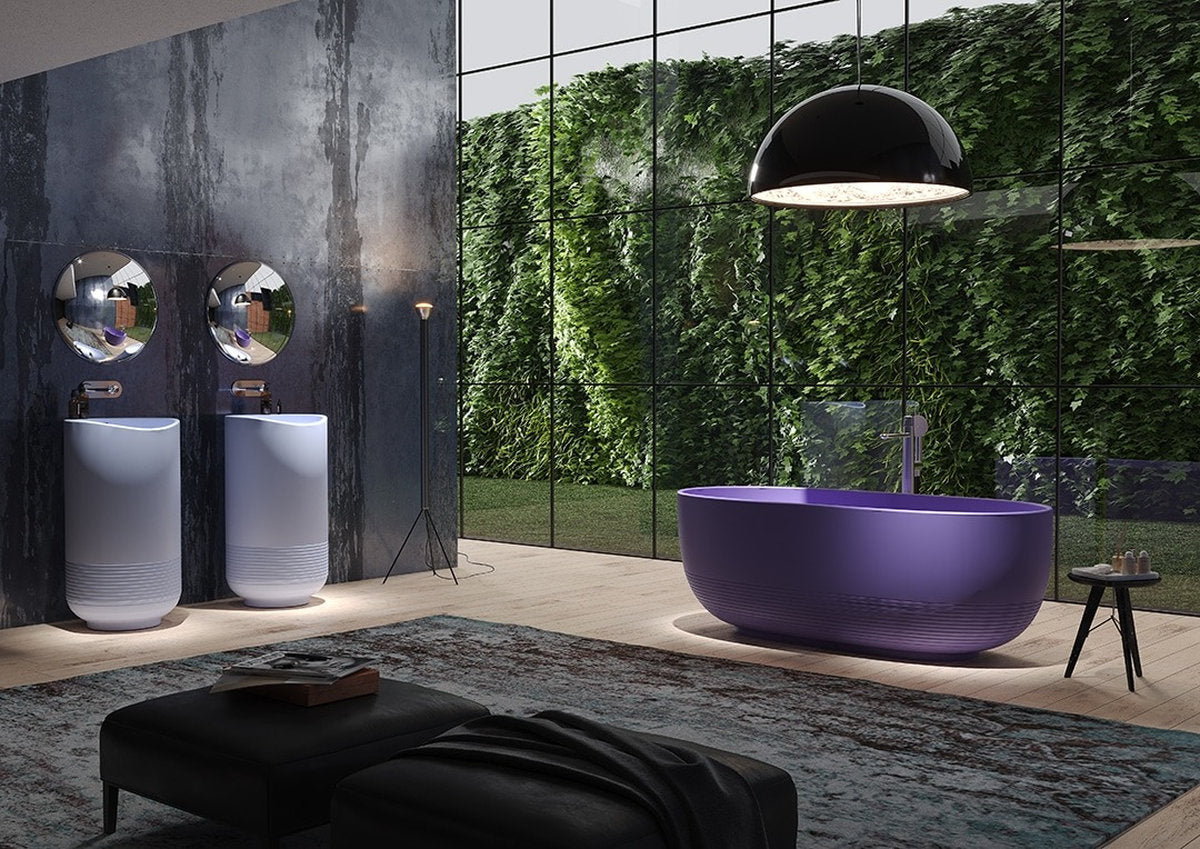 Vasca da bagno centro stanza Aura Central Forma Aquae, viola opaco, dettaglio bordo e base rigata