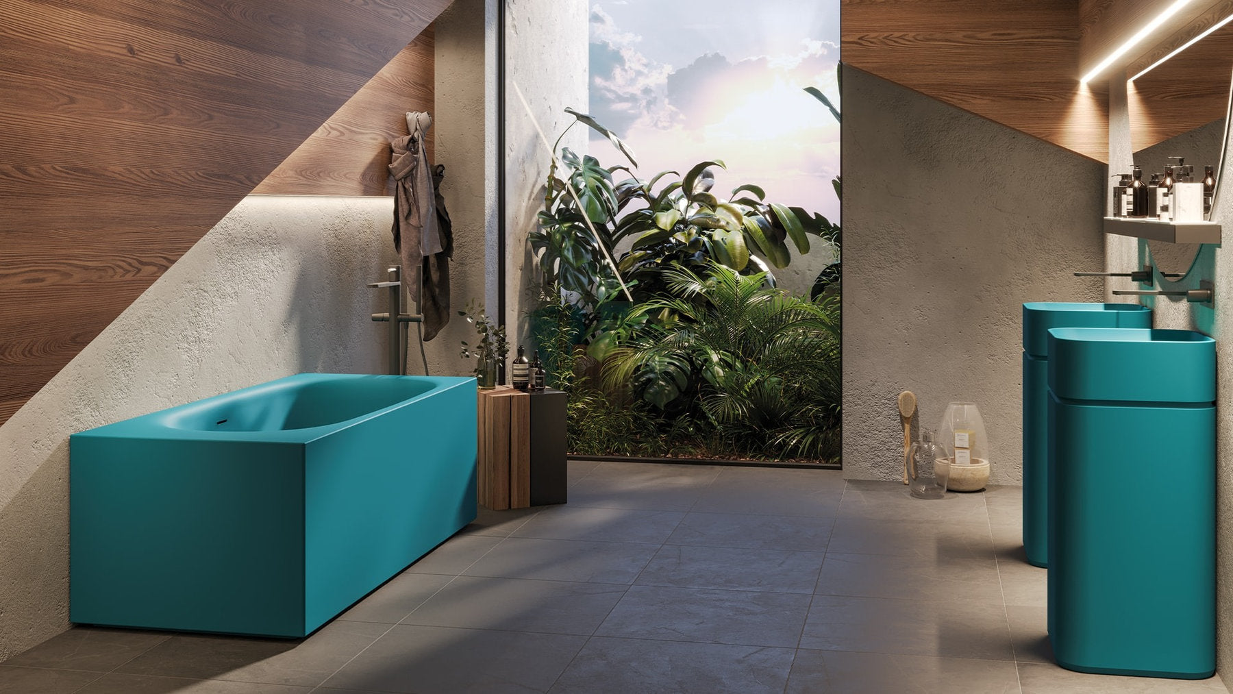 Vasca Soap Wall installazione a parete con lavabo coordinato, finitura turchese opaca TechFusion