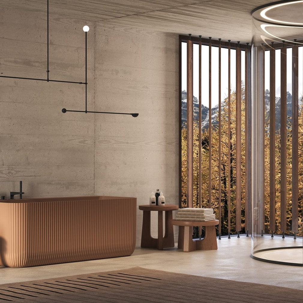 Bagno spa lusso vasca Oasi cannettata cemento legno naturale illuminazione design Milano Atlantico