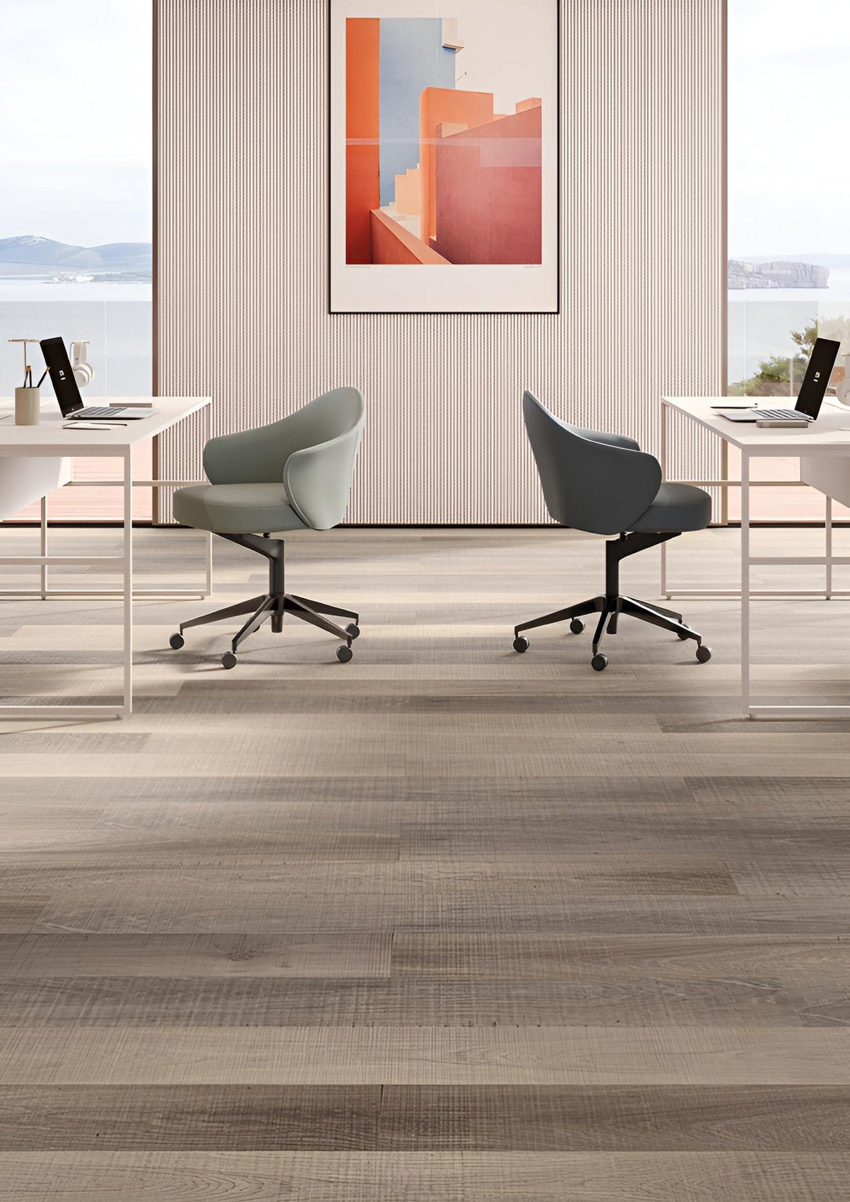 Pavimento laminato effetto legno chiaro grigio beige Skema Prestige L in ambiente ufficio contract